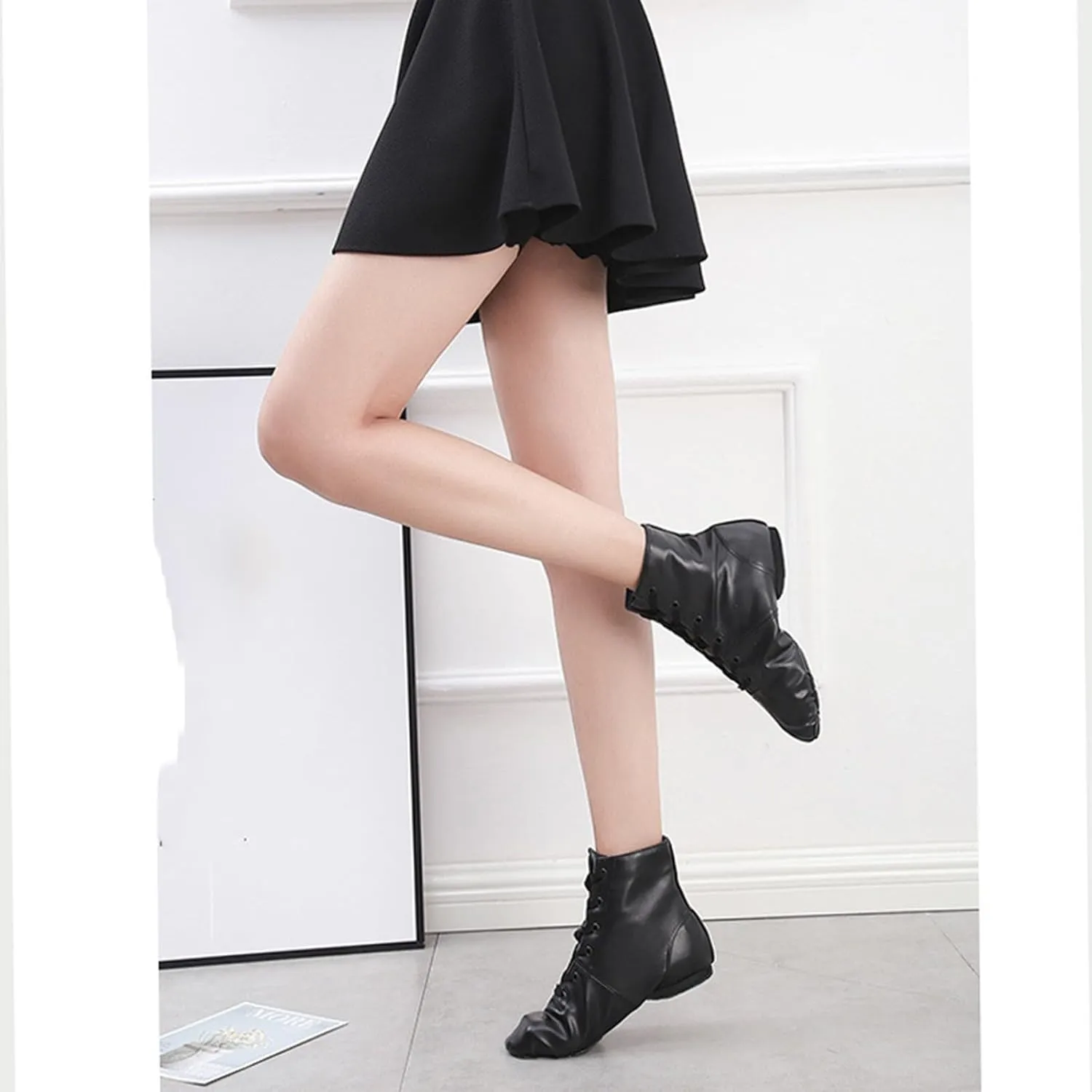 Ballet Dancing Sneakers for Child Adults Soft Sole High Top Black Jazz Shoes Lace Up Leather Dancing Shoes