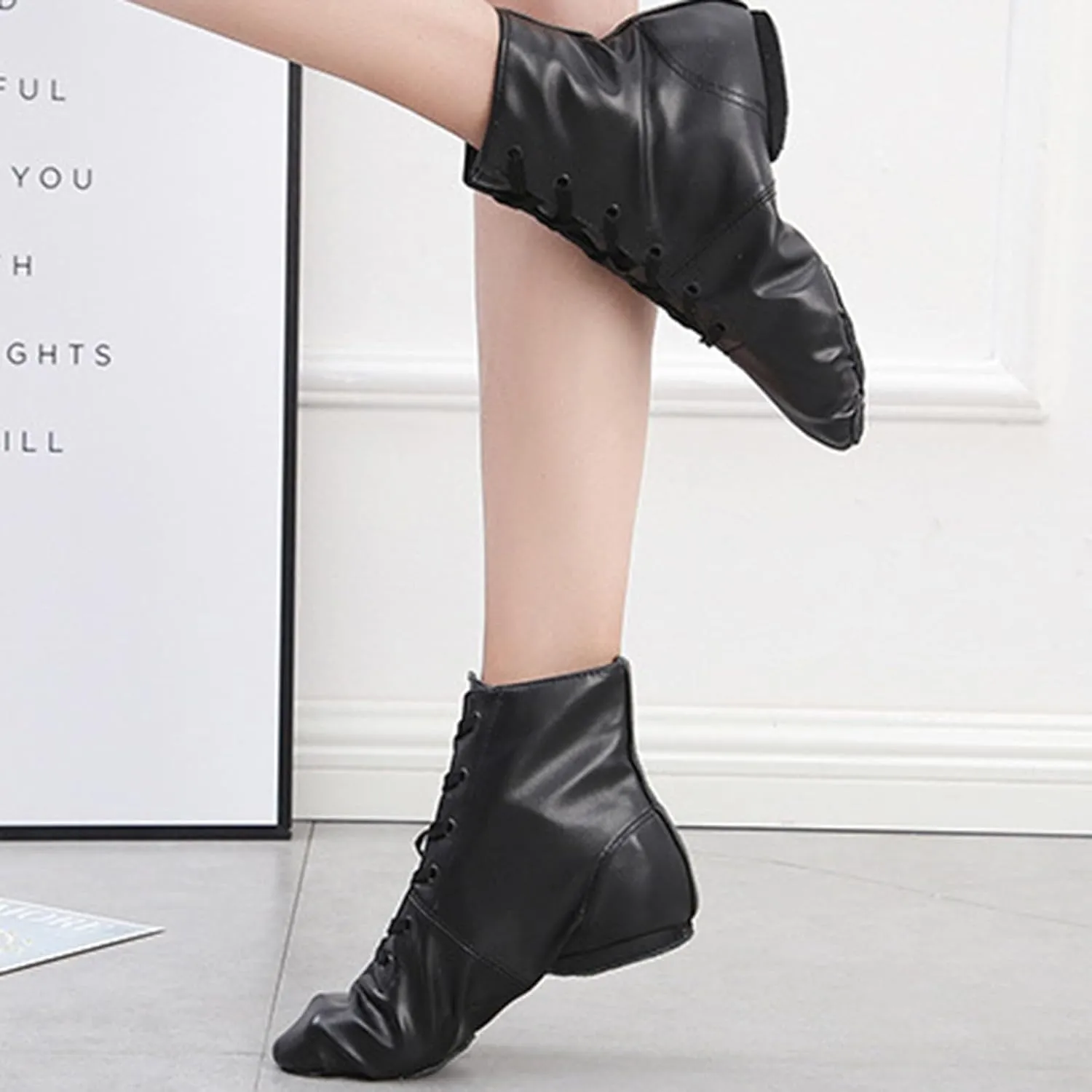 Ballet Dancing Sneakers for Child Adults Soft Sole High Top Black Jazz Shoes Lace Up Leather Dancing Shoes