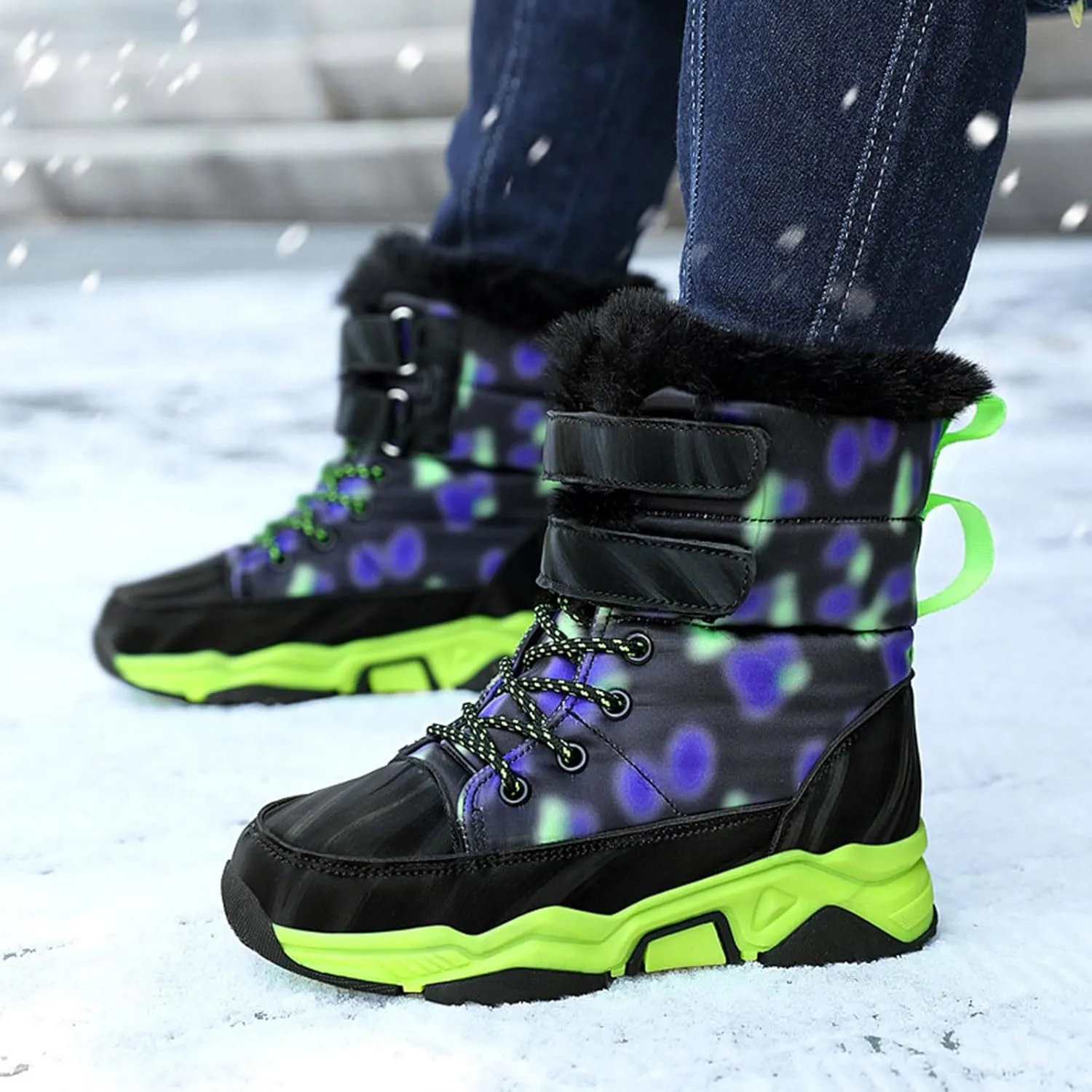 Boys Snow Boots Winter Fur Lined Waterproof Slip Resistant Boots High Top Sneakers Cold Weather Hiking Boots Shoes