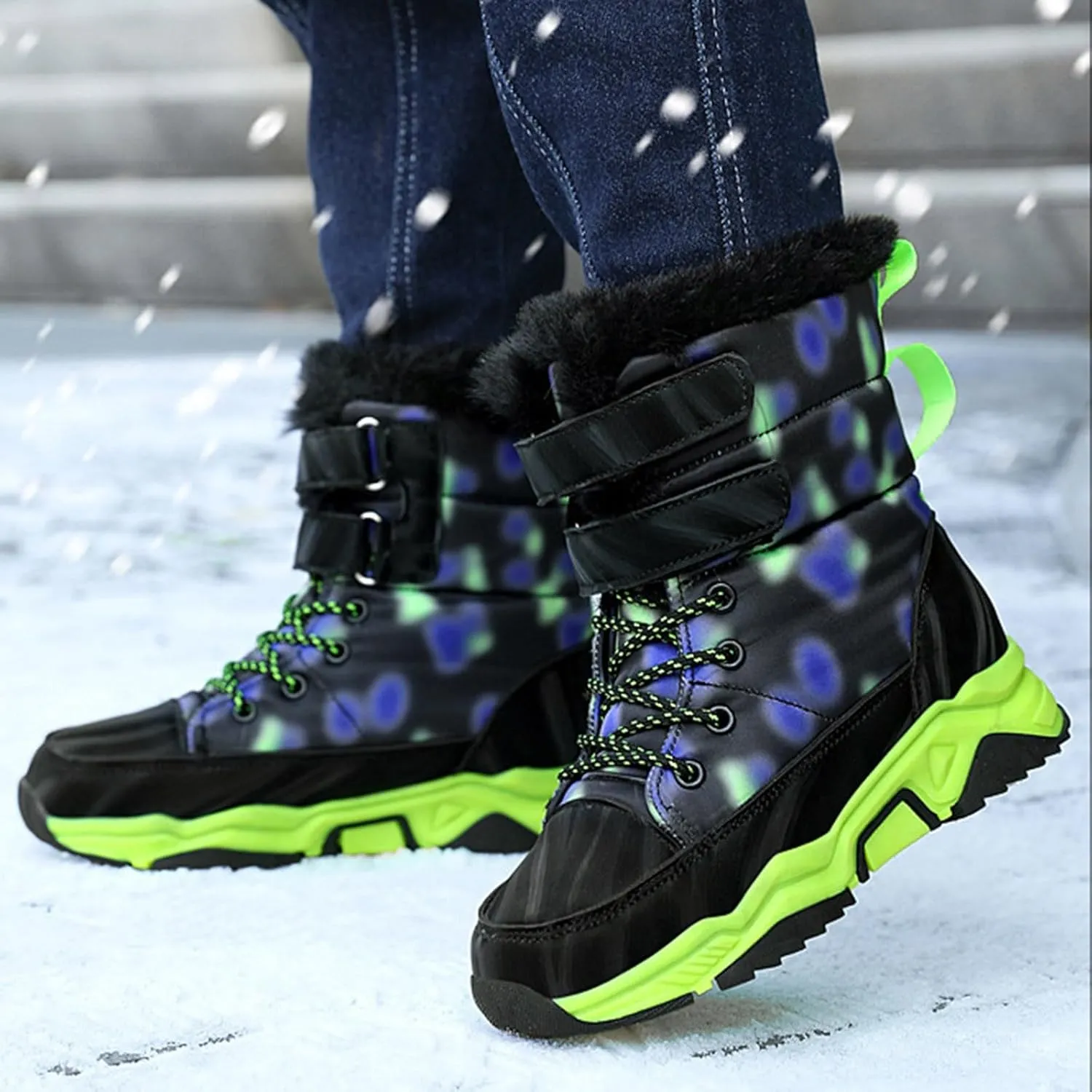 Boys Snow Boots Winter Fur Lined Waterproof Slip Resistant Boots High Top Sneakers Cold Weather Hiking Boots Shoes
