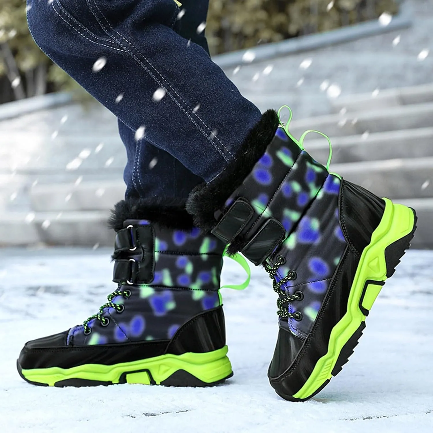 Boys Snow Boots Winter Fur Lined Waterproof Slip Resistant Boots High Top Sneakers Cold Weather Hiking Boots Shoes