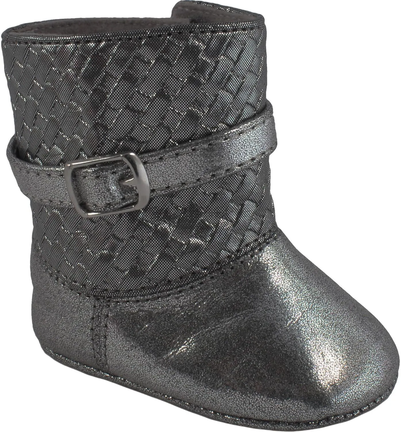 Favorite Characters Wee Kids Baby-Girls' Pewter Grey Metallic/Basket Weave Baby Boots With Buckle (Infant Crib Shoes Soft Sole Baby Shoes) Gray Size 2