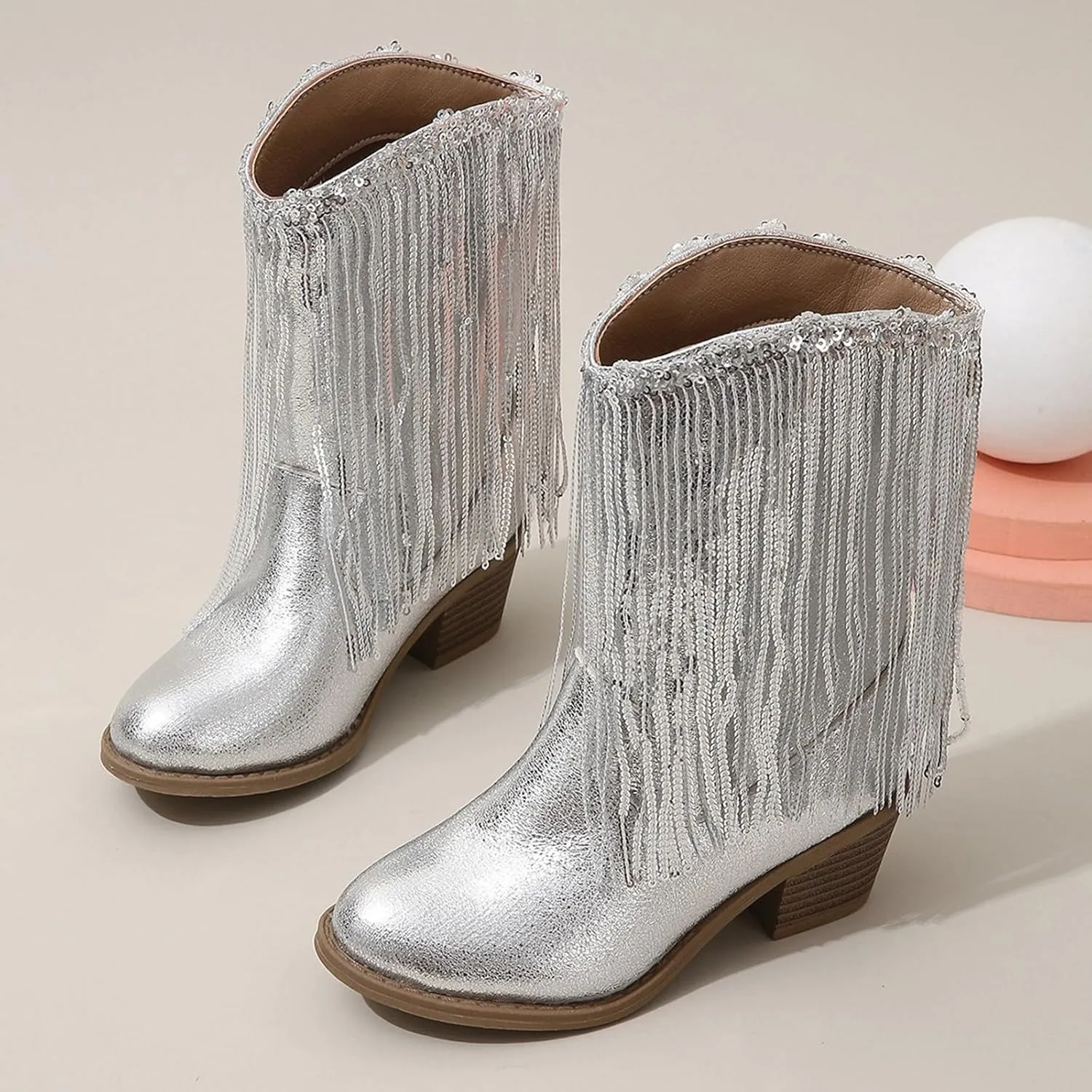 Girls Fringe ??hinestone Tassel Cowboy Boots Western Cow-Girl Pointed Toe Block High Heel Zipper Knee High Boots