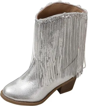 Girls Fringe ??hinestone Tassel Cowboy Boots Western Cow-Girl Pointed Toe Block High Heel Zipper Knee High Boots