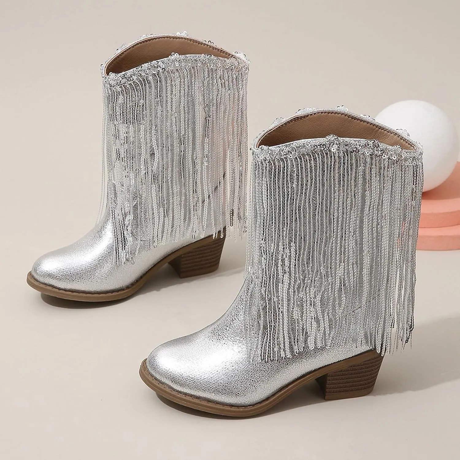 Girls Fringe ??hinestone Tassel Cowboy Boots Western Cow-Girl Pointed Toe Block High Heel Zipper Knee High Boots