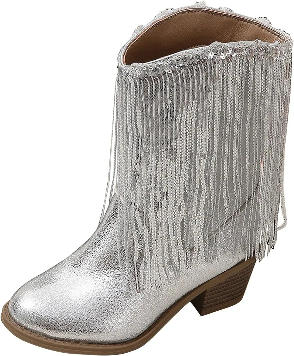 Girls Fringe ??hinestone Tassel Cowboy Boots Western Cow-Girl Pointed Toe Block High Heel Zipper Knee High Boots