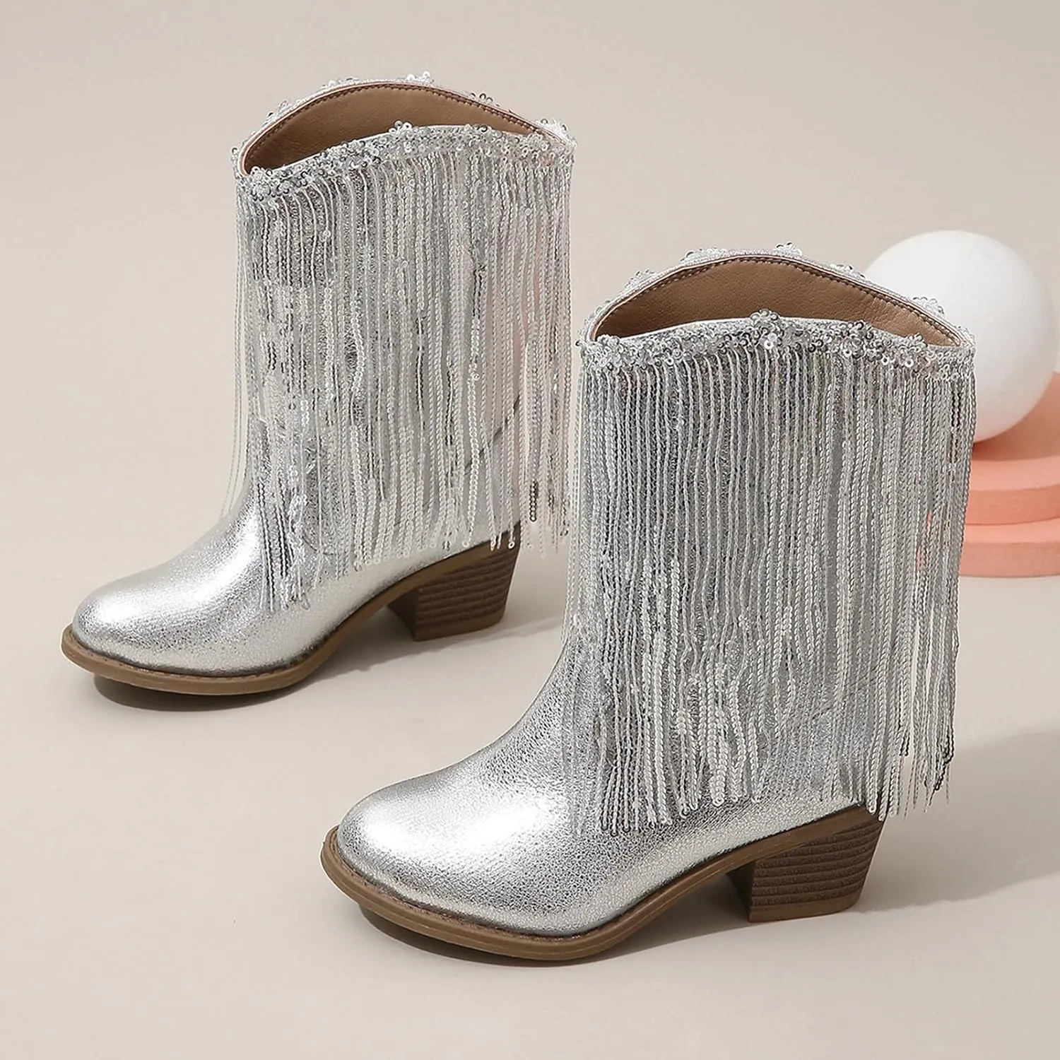 Girls Fringe ??hinestone Tassel Cowboy Boots Western Cow-Girl Pointed Toe Block High Heel Zipper Knee High Boots