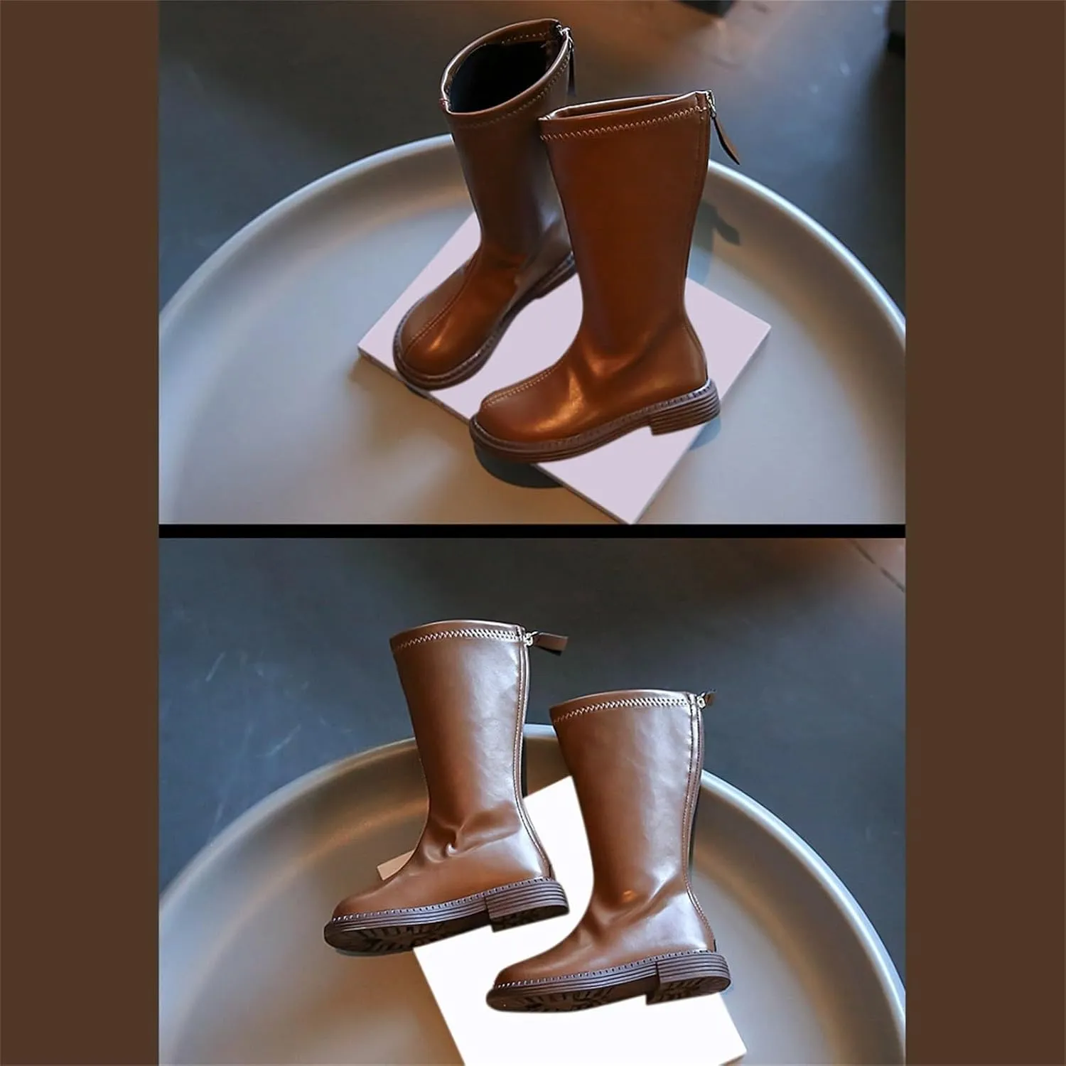 Girls Kids Leather aterproof Boots Long Side Zipper Soft ow Heel Shoes Childrens Outdoor Non Slip Light Comfy Shoes