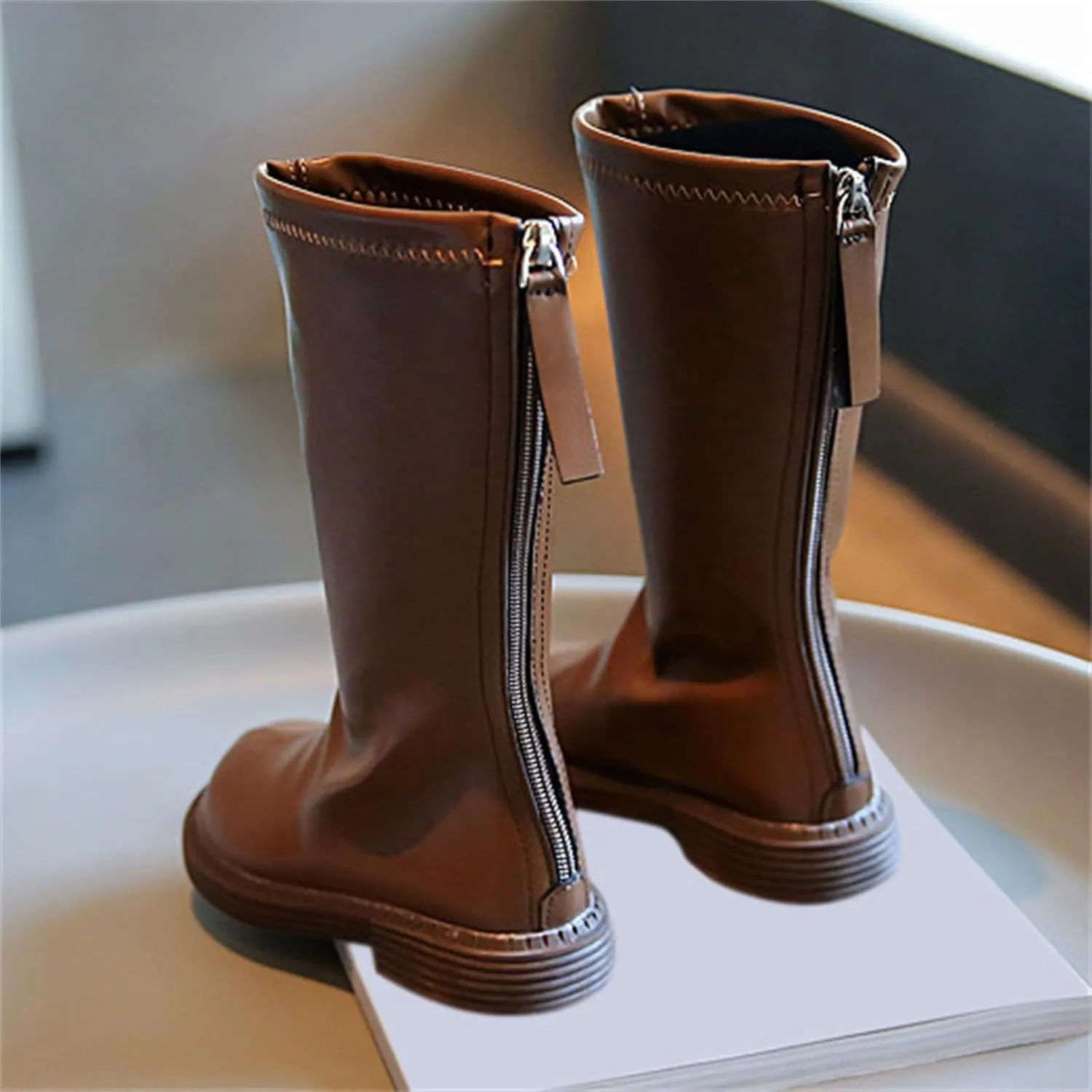 Girls Kids Leather aterproof Boots Long Side Zipper Soft ow Heel Shoes Childrens Outdoor Non Slip Light Comfy Shoes