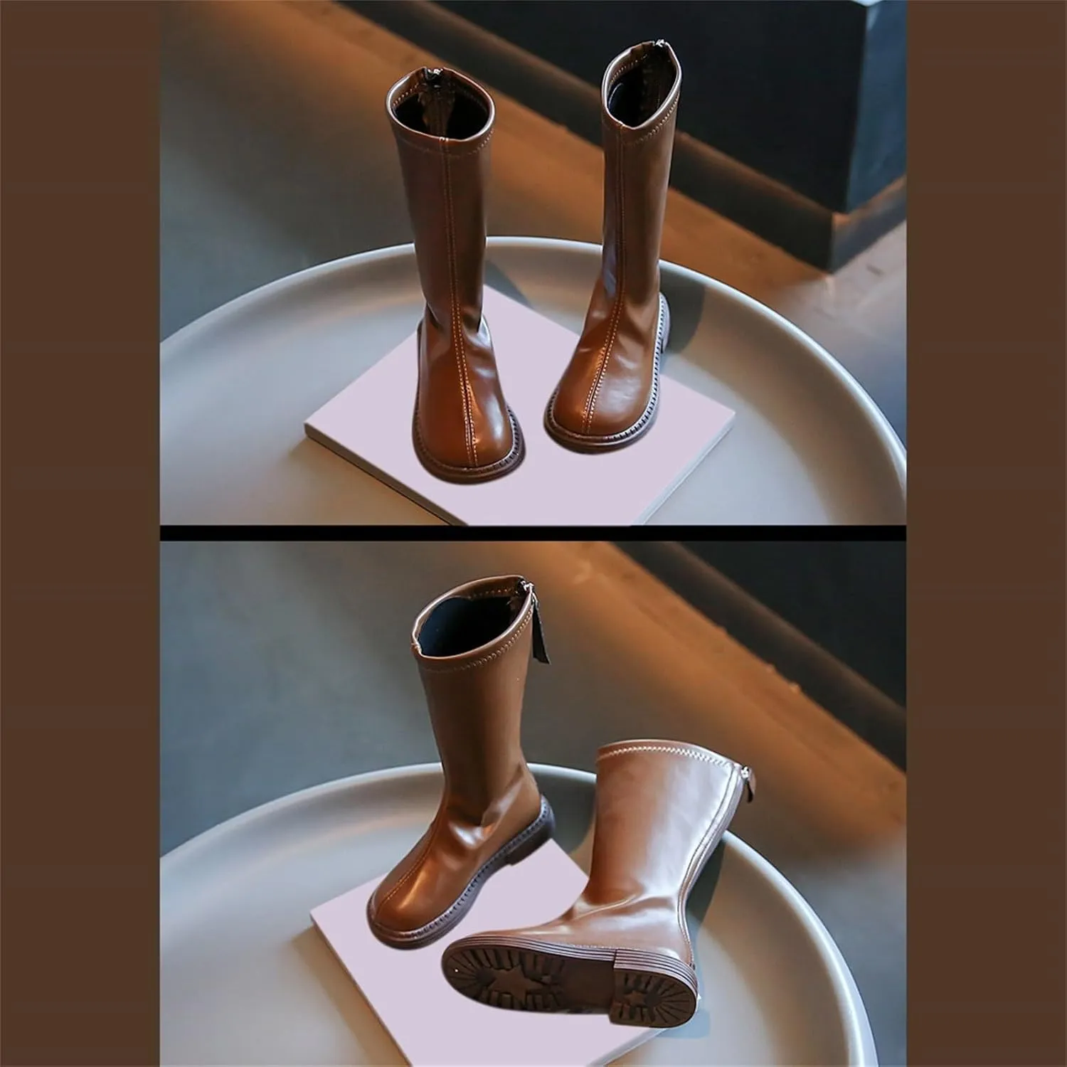 Girls Kids Leather aterproof Boots Long Side Zipper Soft ow Heel Shoes Childrens Outdoor Non Slip Light Comfy Shoes