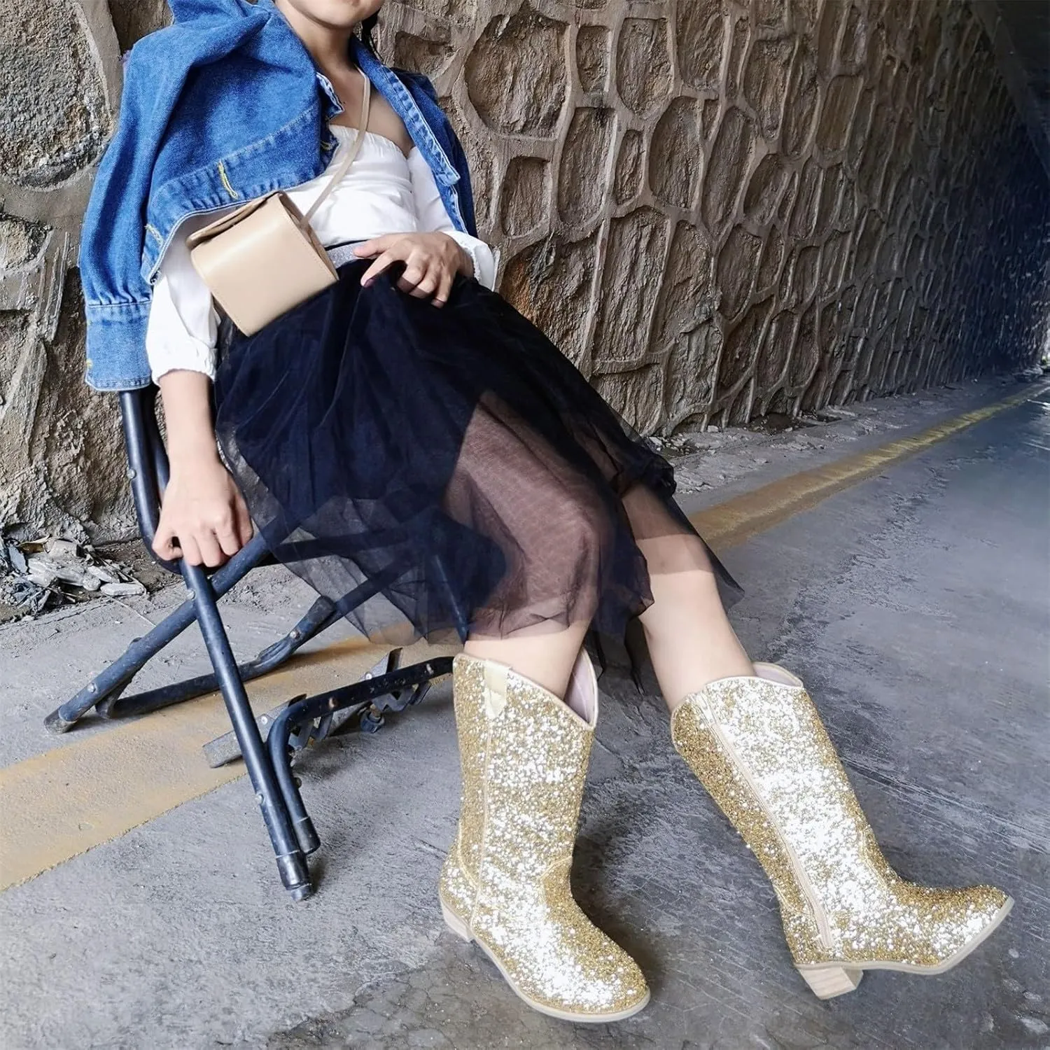 Girls Sequin Sparkly Cowboy Boots Kids ??hinestone Glitter Low Heel Wedding Dress Booties Western Pointed Toe Shoes