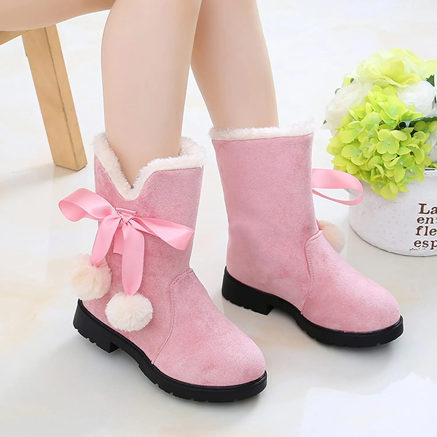 Kids Baby Girls Little Kid/Big Kid 4-12 Years Bowkont Cotton Boots Snow Boots Winter Soft Sole Warm Fur Princess Shoes
