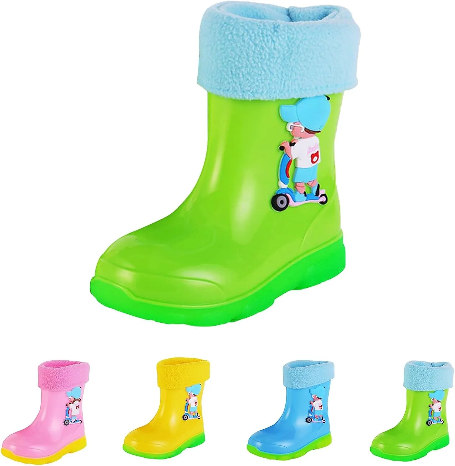 Kids Fleece Lined Rain Boots for Girls Boys Toddler Waterproof Cute Cartoon Pattern Platform Mud Kids Boots Size 3