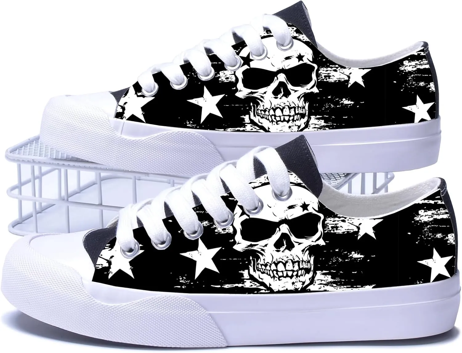 Men Skull Printed Shoes Custom Personalized Design Cool Print Low Top Fashion Sneakers for Teen Boys Girls Student Women Canvas Shoes Cosplay Classic Casual Shoes