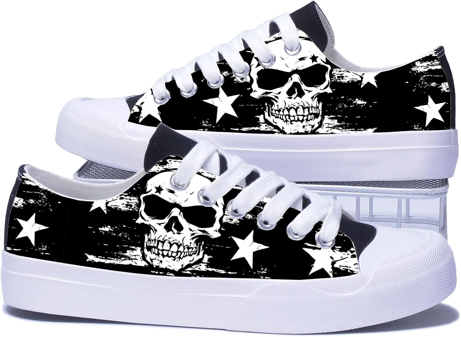 Men Skull Printed Shoes Custom Personalized Design Cool Print Low Top Fashion Sneakers for Teen Boys Girls Student Women Canvas Shoes Cosplay Classic Casual Shoes