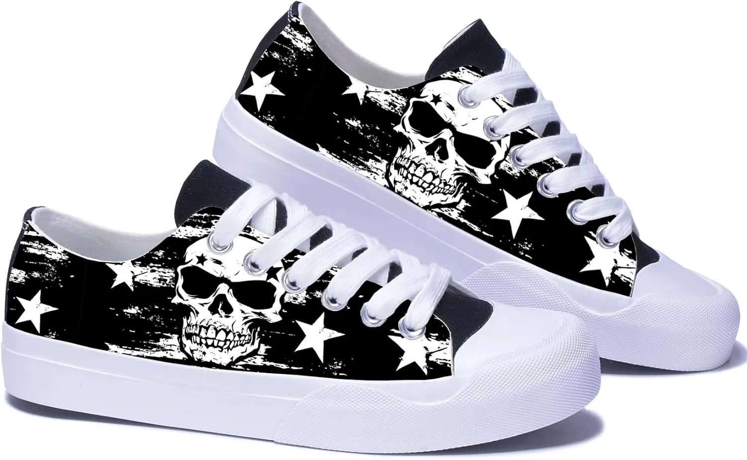 Men Skull Printed Shoes Custom Personalized Design Cool Print Low Top Fashion Sneakers for Teen Boys Girls Student Women Canvas Shoes Cosplay Classic Casual Shoes