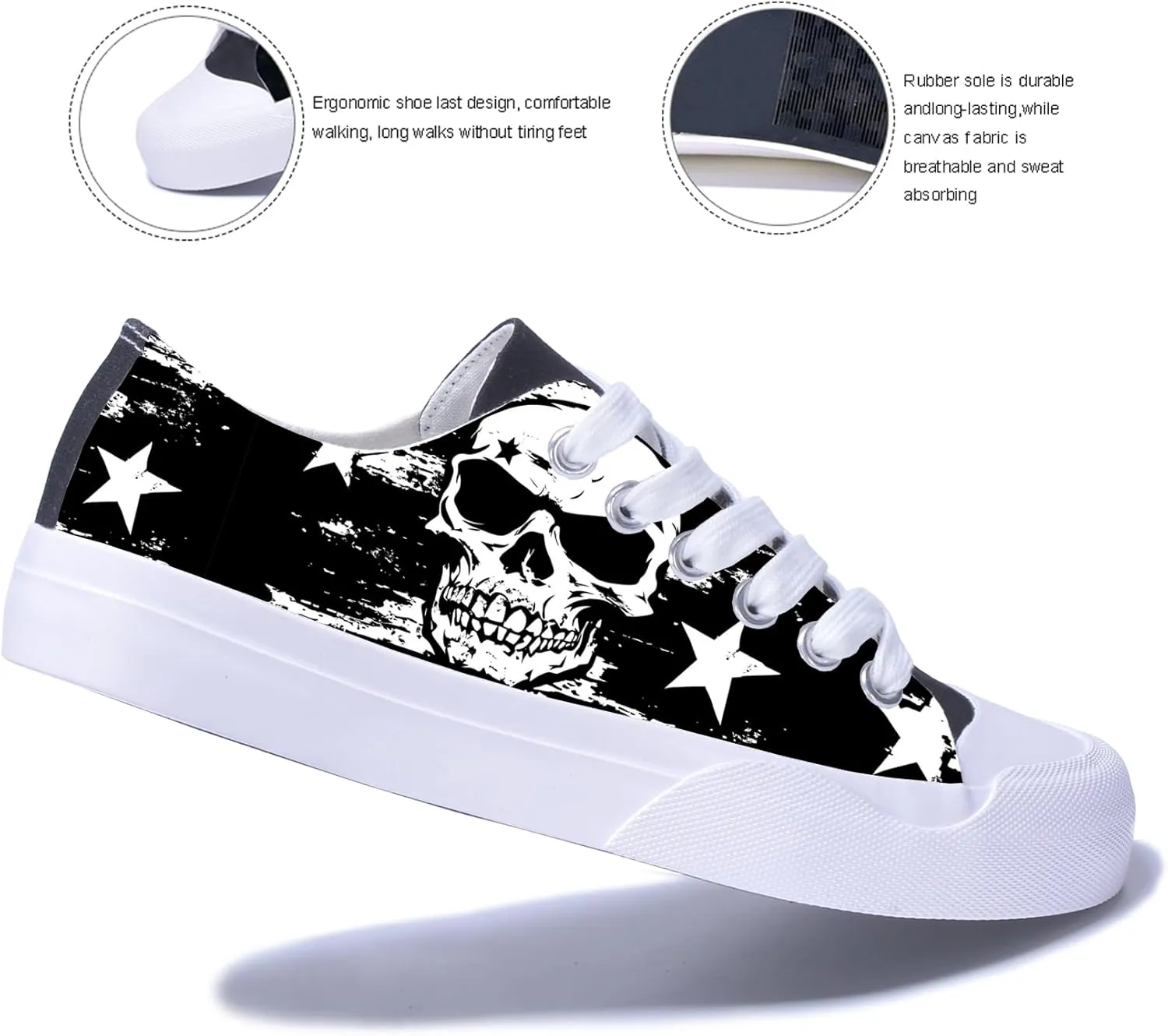 Men Skull Printed Shoes Custom Personalized Design Cool Print Low Top Fashion Sneakers for Teen Boys Girls Student Women Canvas Shoes Cosplay Classic Casual Shoes