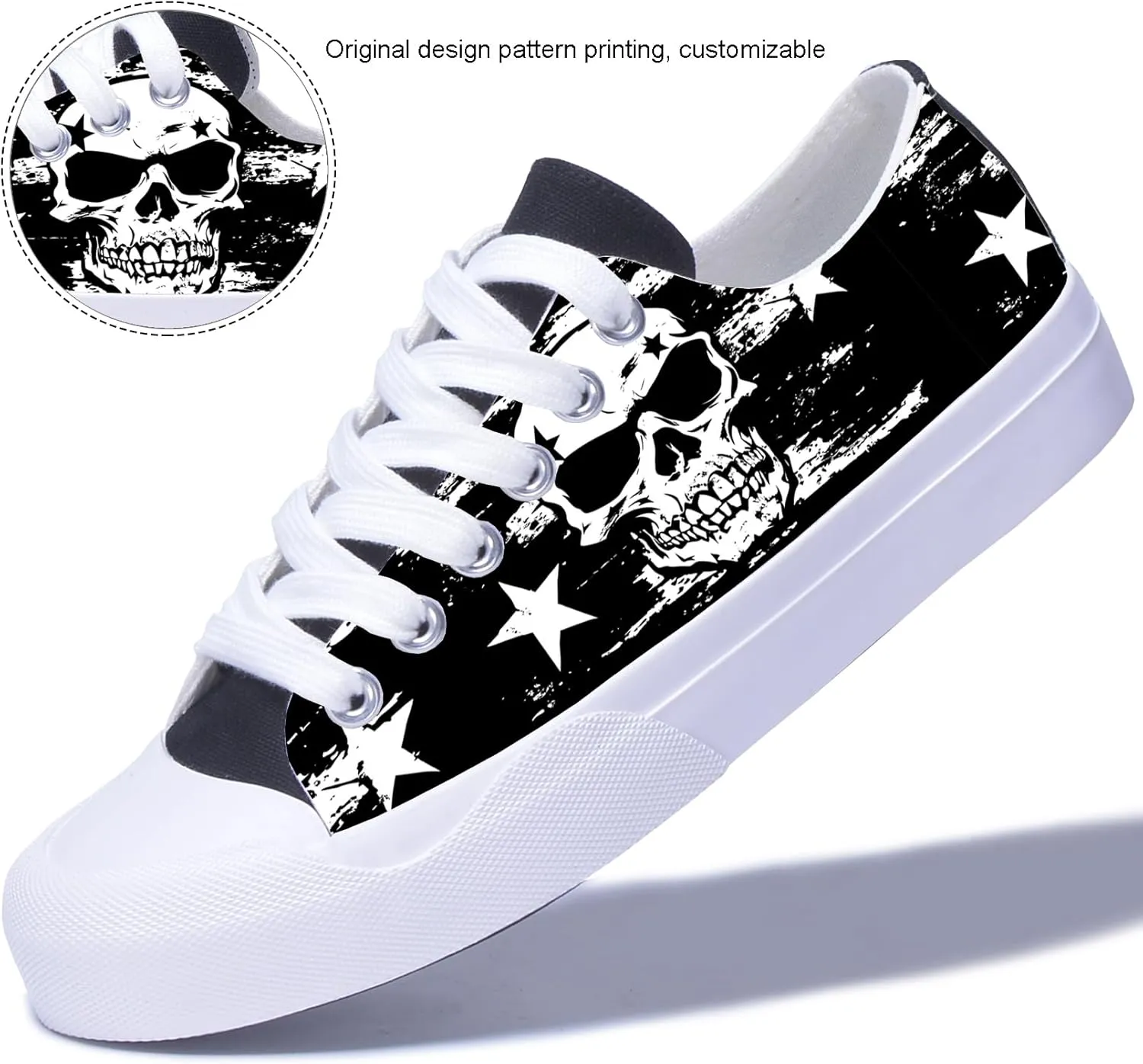 Men Skull Printed Shoes Custom Personalized Design Cool Print Low Top Fashion Sneakers for Teen Boys Girls Student Women Canvas Shoes Cosplay Classic Casual Shoes