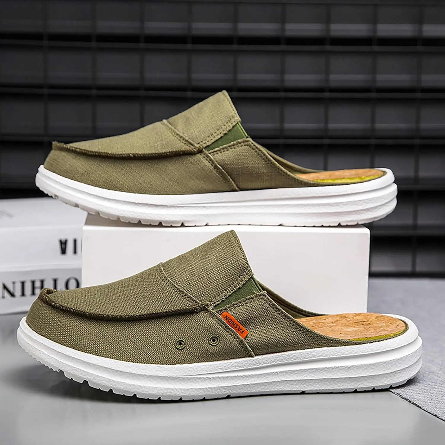 Men's Canvas Round Toe Platform Mules Casual Breathable Backless Slip Onsoft Lightweight Loafers Summer Outdoor Comfort Non-Slip Walking Driving Shoes