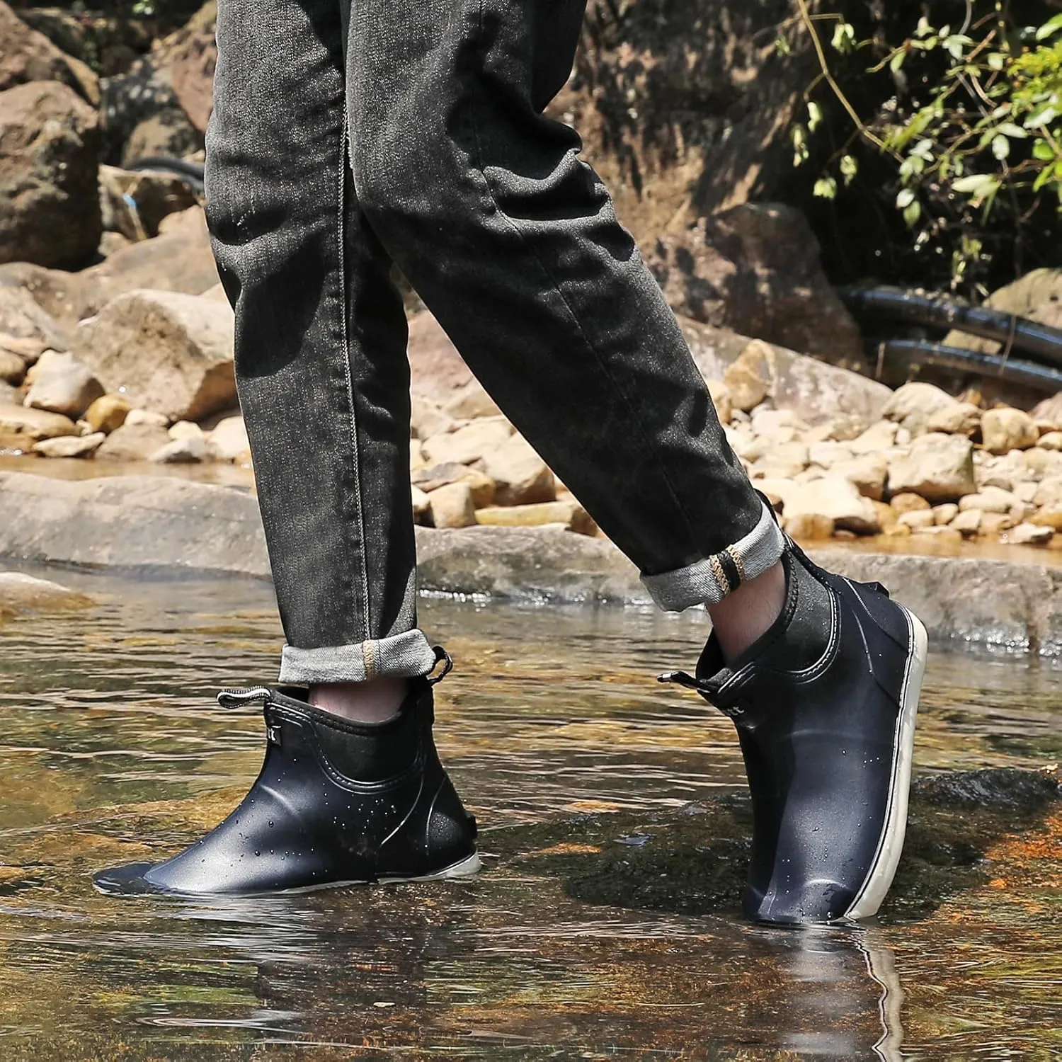 Mens Deck Boots, Waterproof Men High Traction Fishing Boots, Lightweight Garden Rain Boots, Rubber Boots for Work Ankle, Durable Water Shoes for Boat