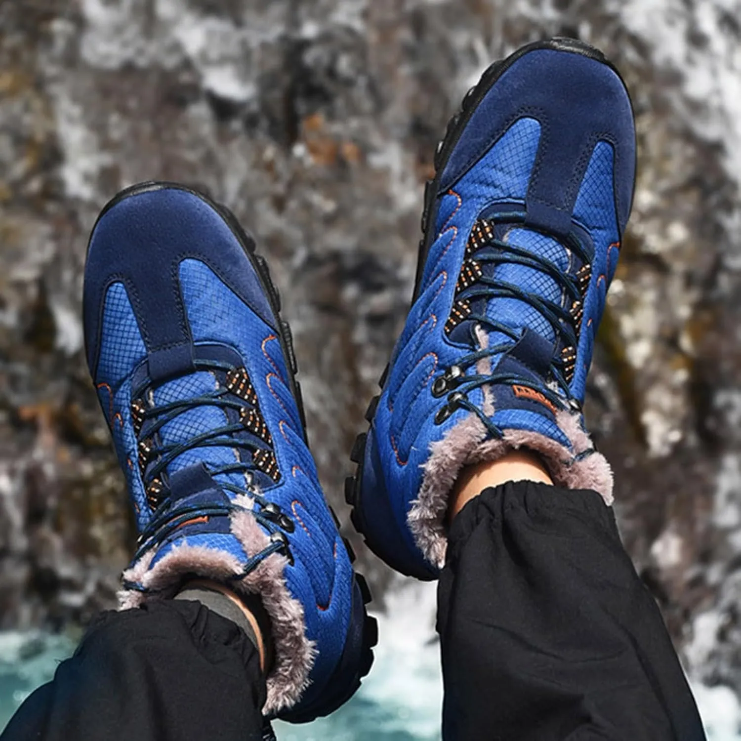 Men's Snow Boots Waterproof Fuzzy Furry Lined Winter Boots Lace Up Sneakers Cold Weather Anti-Slip Ankle Boots Classic Slip on Lightweight Hiking Shoes
