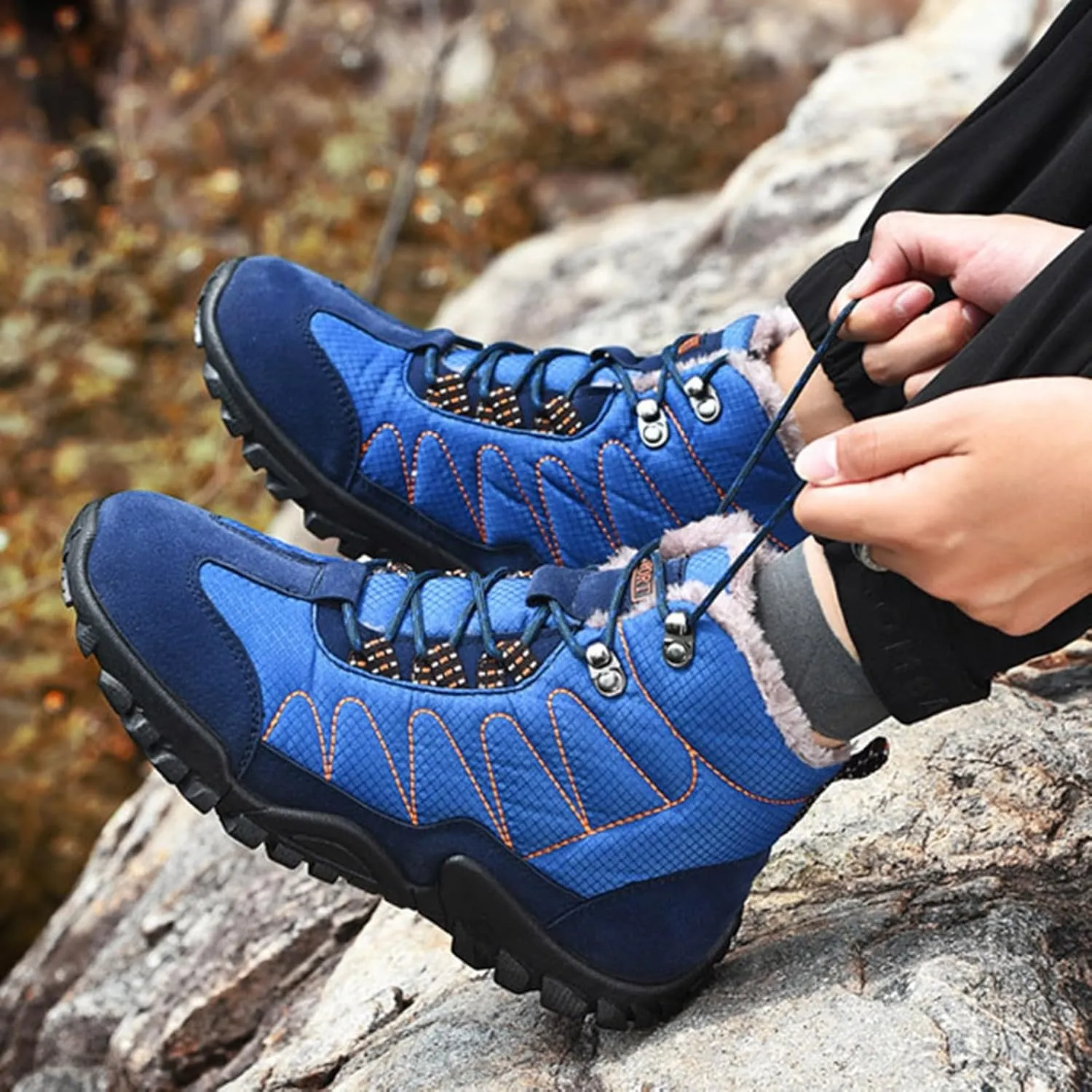 Men's Snow Boots Waterproof Fuzzy Furry Lined Winter Boots Lace Up Sneakers Cold Weather Anti-Slip Ankle Boots Classic Slip on Lightweight Hiking Shoes