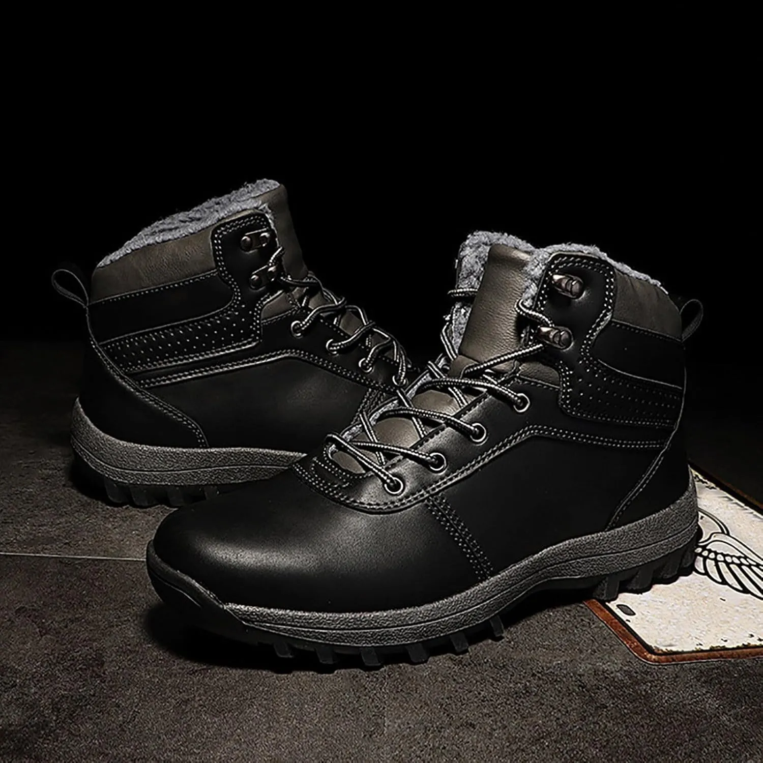 Mens Snow Boots Waterproof Warm Furry Lined Winter Boots Lace Up Cold-Weather Non-Slip Ankle Boots Slip on Athletic Lightweight Hiking Shoes
