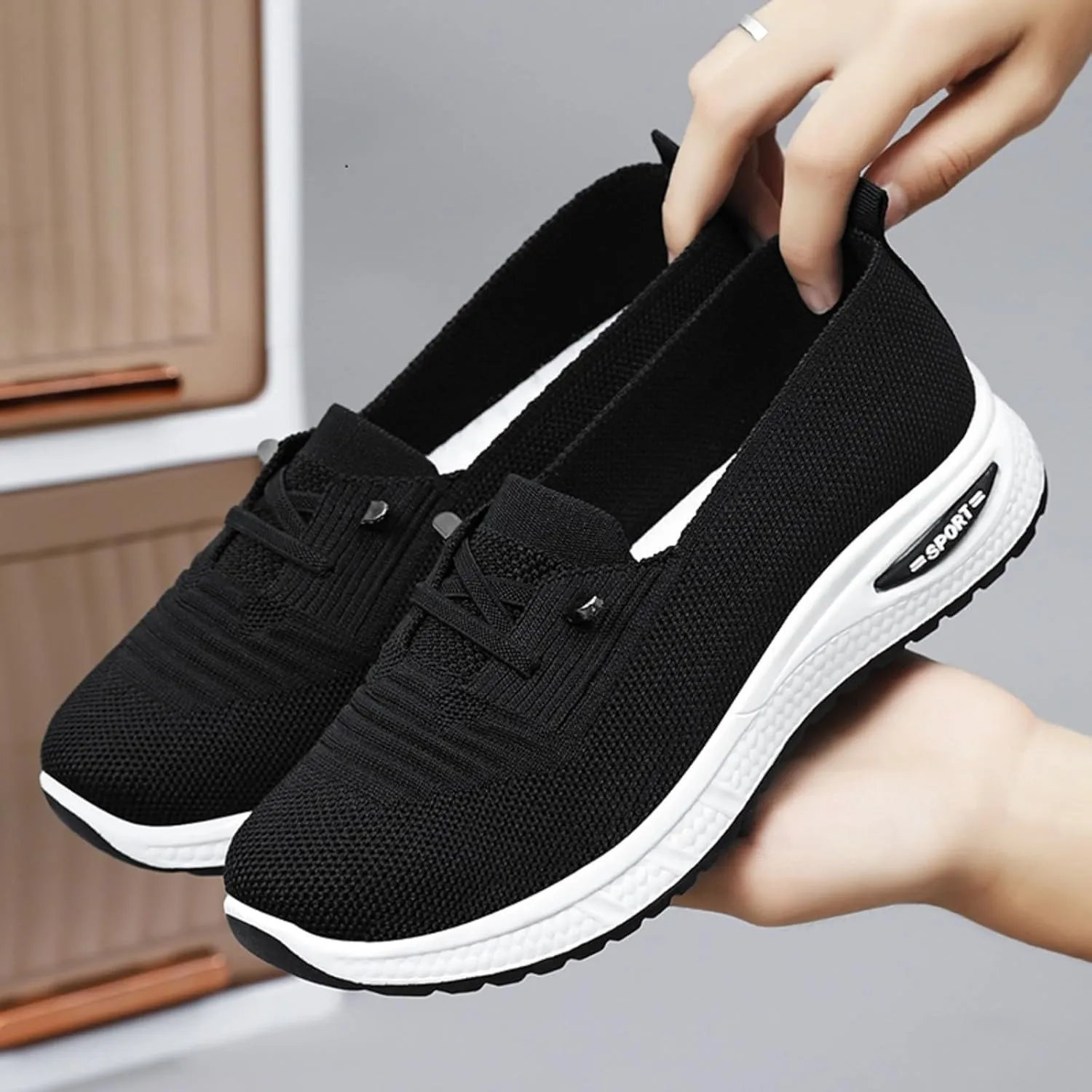 Orthopedic Sneakers for Women Slip on Breathable Mesh Knitted Woven Low Top Walking Shoes Casual Dressy Lightweight Wide Width Shoes Arch Support Non-Slip Shoe
