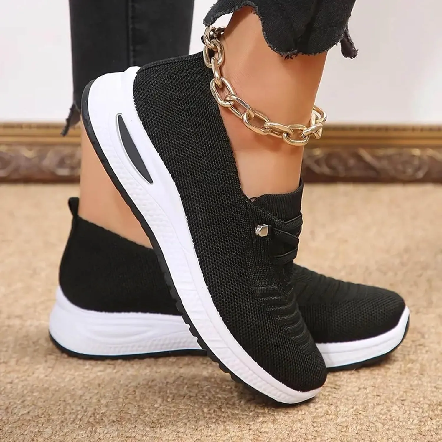 Orthopedic Sneakers for Women Slip on Breathable Mesh Knitted Woven Low Top Walking Shoes Casual Dressy Lightweight Wide Width Shoes Arch Support Non-Slip Shoe