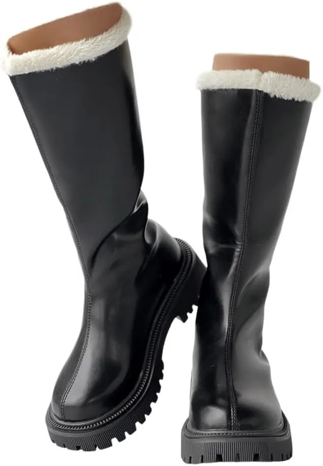 Platform Fashion Boots for Women,Women's Winter Fully Fur Lined Zipper Closure Snow Knee High Boots Thick Heeled Round Toe Leather Pull On Long Tall Boots Waterproof Outdoor Shoes