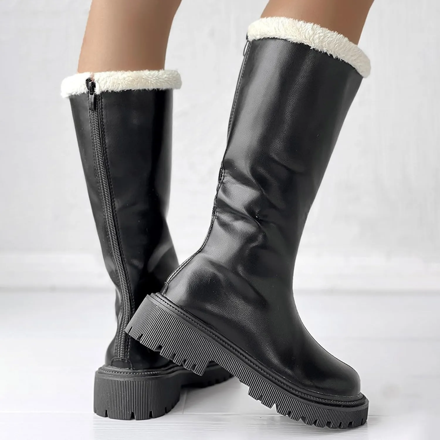 Platform Fashion Boots for Women,Women's Winter Fully Fur Lined Zipper Closure Snow Knee High Boots Thick Heeled Round Toe Leather Pull On Long Tall Boots Waterproof Outdoor Shoes