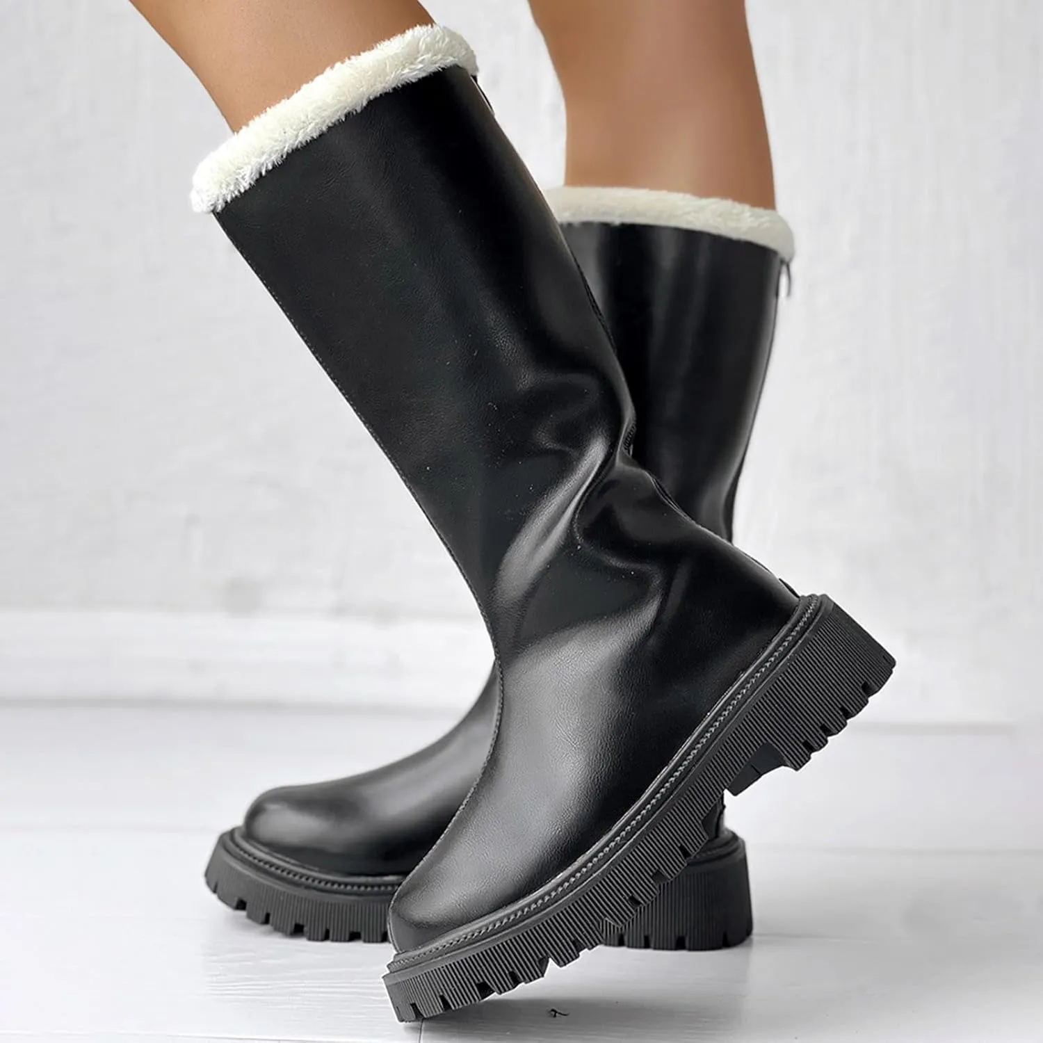Platform Fashion Boots for Women,Women's Winter Fully Fur Lined Zipper Closure Snow Knee High Boots Thick Heeled Round Toe Leather Pull On Long Tall Boots Waterproof Outdoor Shoes