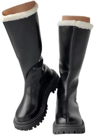 Platform Fashion Boots for Women,Women's Winter Fully Fur Lined Zipper Closure Snow Knee High Boots Thick Heeled Round Toe Leather Pull On Long Tall Boots Waterproof Outdoor Shoes
