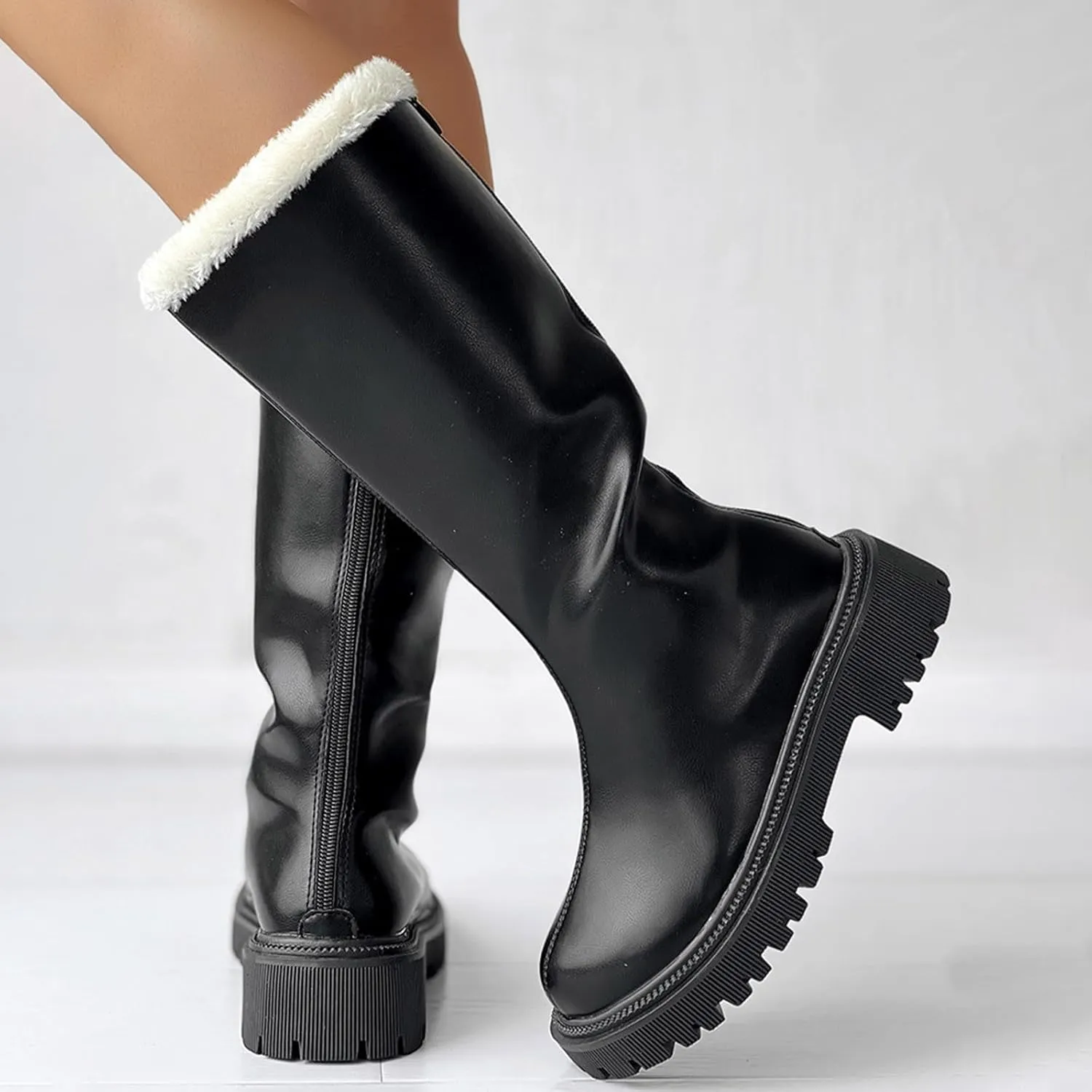 Platform Fashion Boots for Women,Women's Winter Fully Fur Lined Zipper Closure Snow Knee High Boots Thick Heeled Round Toe Leather Pull On Long Tall Boots Waterproof Outdoor Shoes