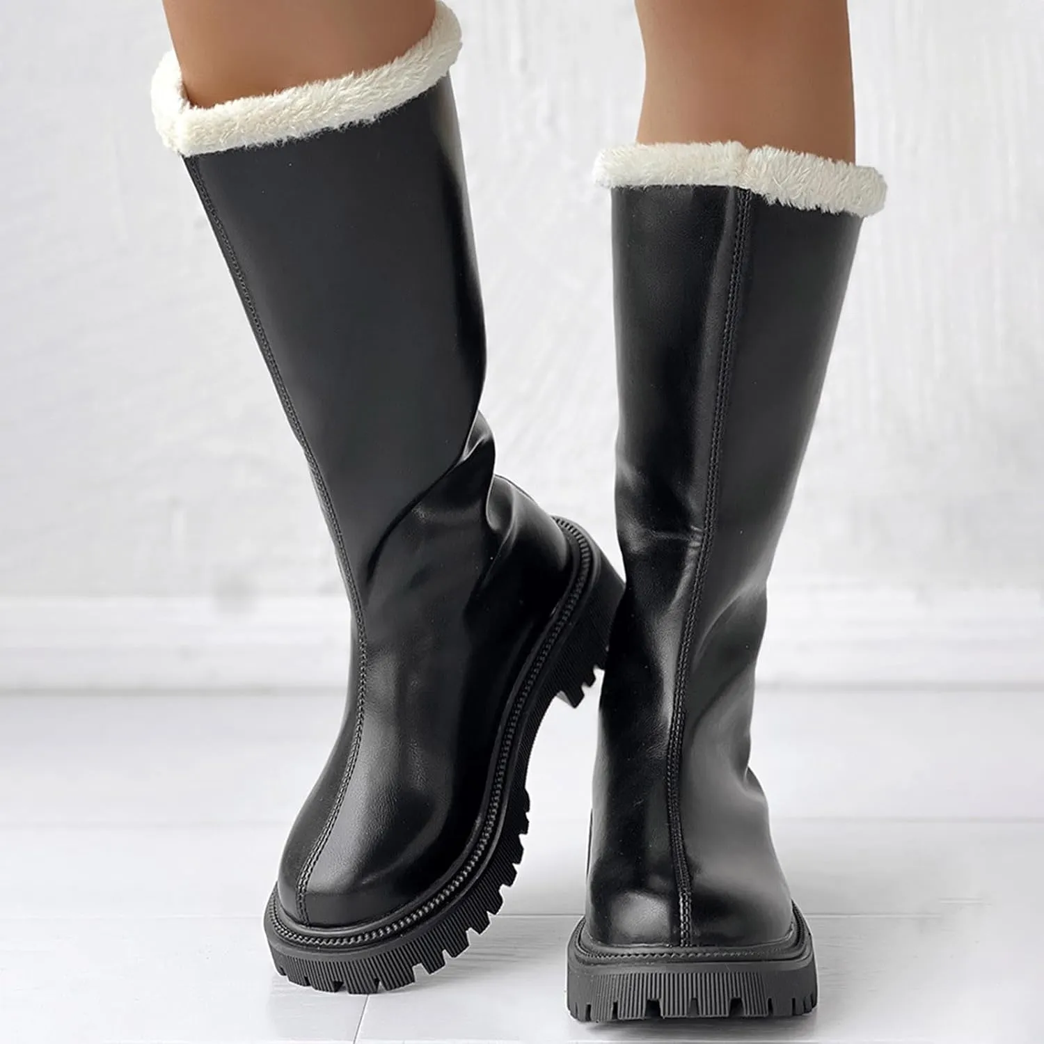 Platform Fashion Boots for Women,Women's Winter Fully Fur Lined Zipper Closure Snow Knee High Boots Thick Heeled Round Toe Leather Pull On Long Tall Boots Waterproof Outdoor Shoes