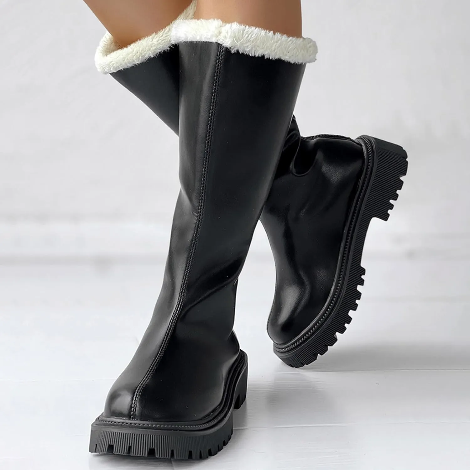 Platform Fashion Boots for Women,Women's Winter Fully Fur Lined Zipper Closure Snow Knee High Boots Thick Heeled Round Toe Leather Pull On Long Tall Boots Waterproof Outdoor Shoes