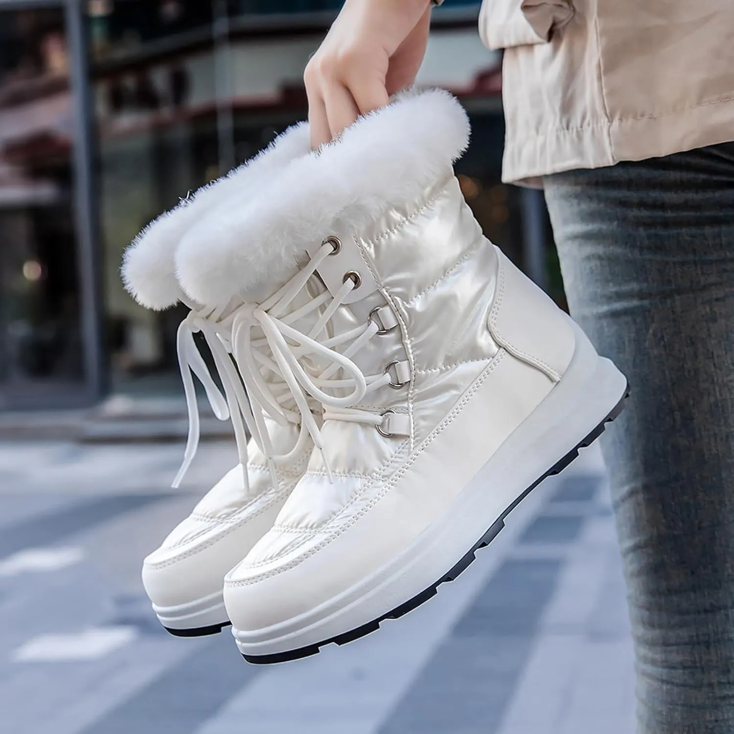 Snow Boots for Women Waterproof Anti-slip Winter Boots Classic Fuzzy Fur Booties Lightweight Slip on Ankle Boots Ladies Walking Hiking Booties