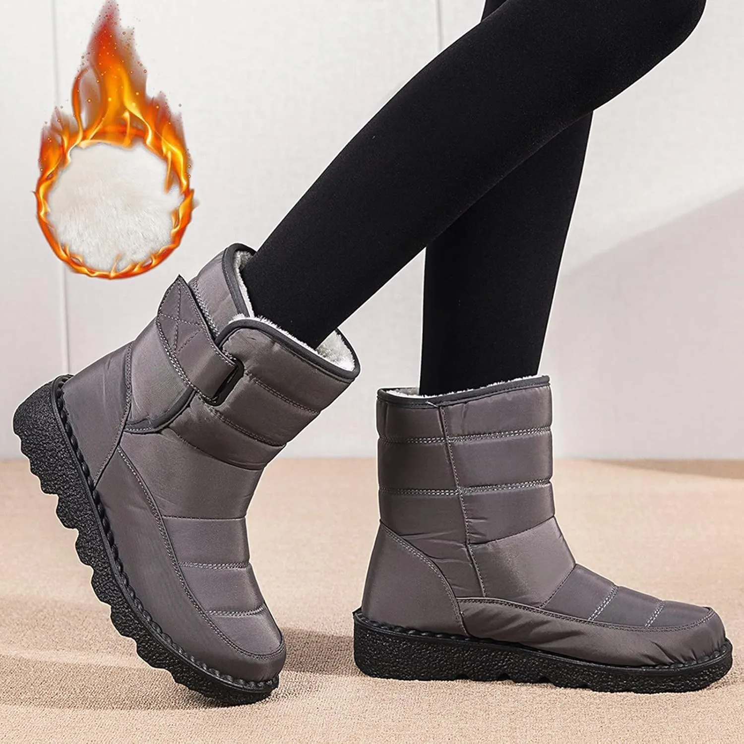 Snow Boots for Womens Winter Shoes - Womens Warm Fur Lining Mid Calf Boots Women Anti Slip Waterproof Buckle Strap Ankle Comfortable Outdoor Boot Platform Short Booties Walking Shoes