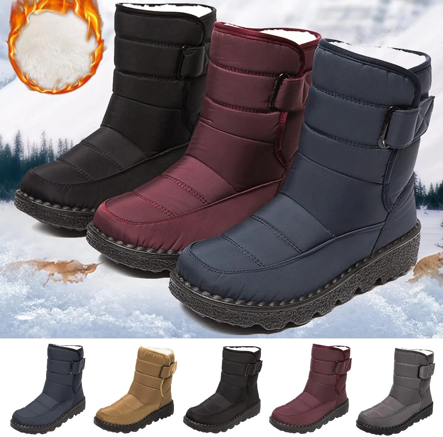 Snow Boots for Womens Winter Shoes - Womens Warm Fur Lining Mid Calf Boots Women Anti Slip Waterproof Buckle Strap Ankle Comfortable Outdoor Boot Platform Short Booties Walking Shoes
