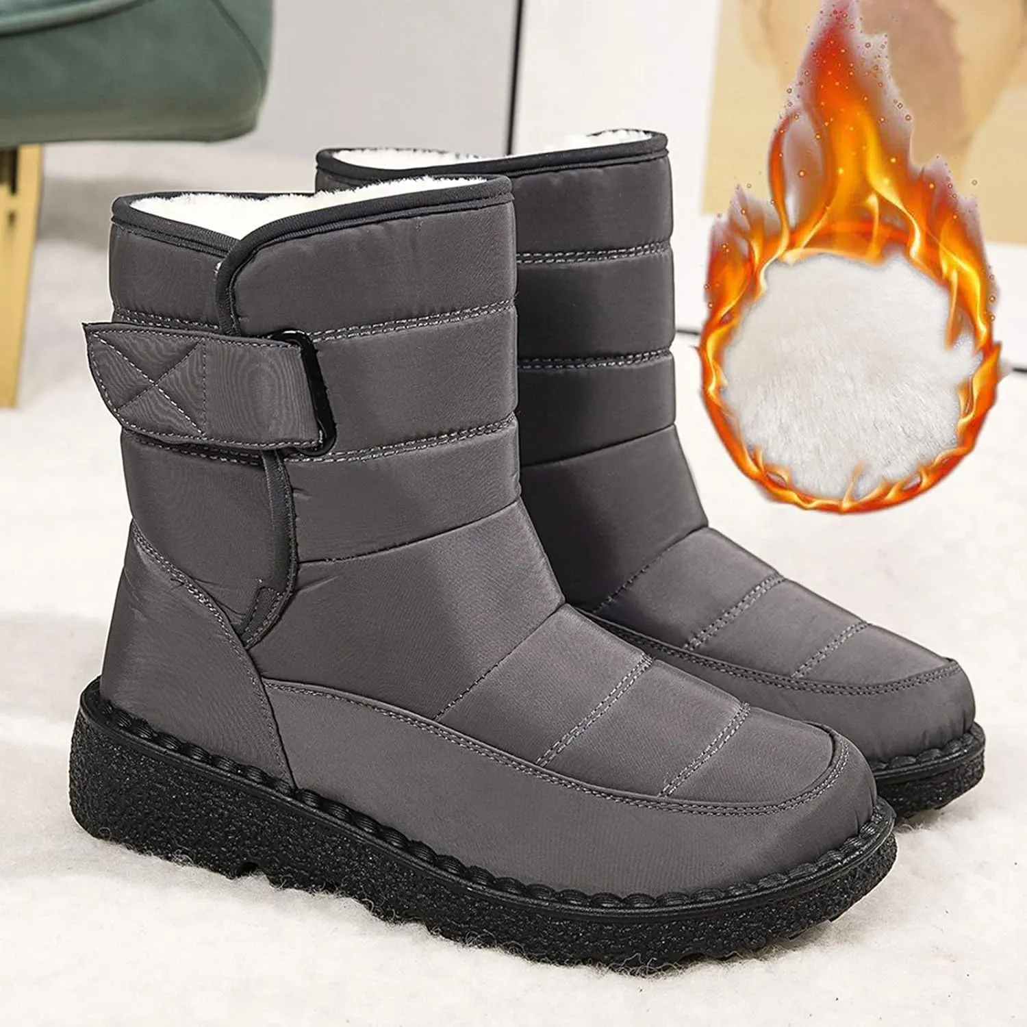 Snow Boots for Womens Winter Shoes - Womens Warm Fur Lining Mid Calf Boots Women Anti Slip Waterproof Buckle Strap Ankle Comfortable Outdoor Boot Platform Short Booties Walking Shoes