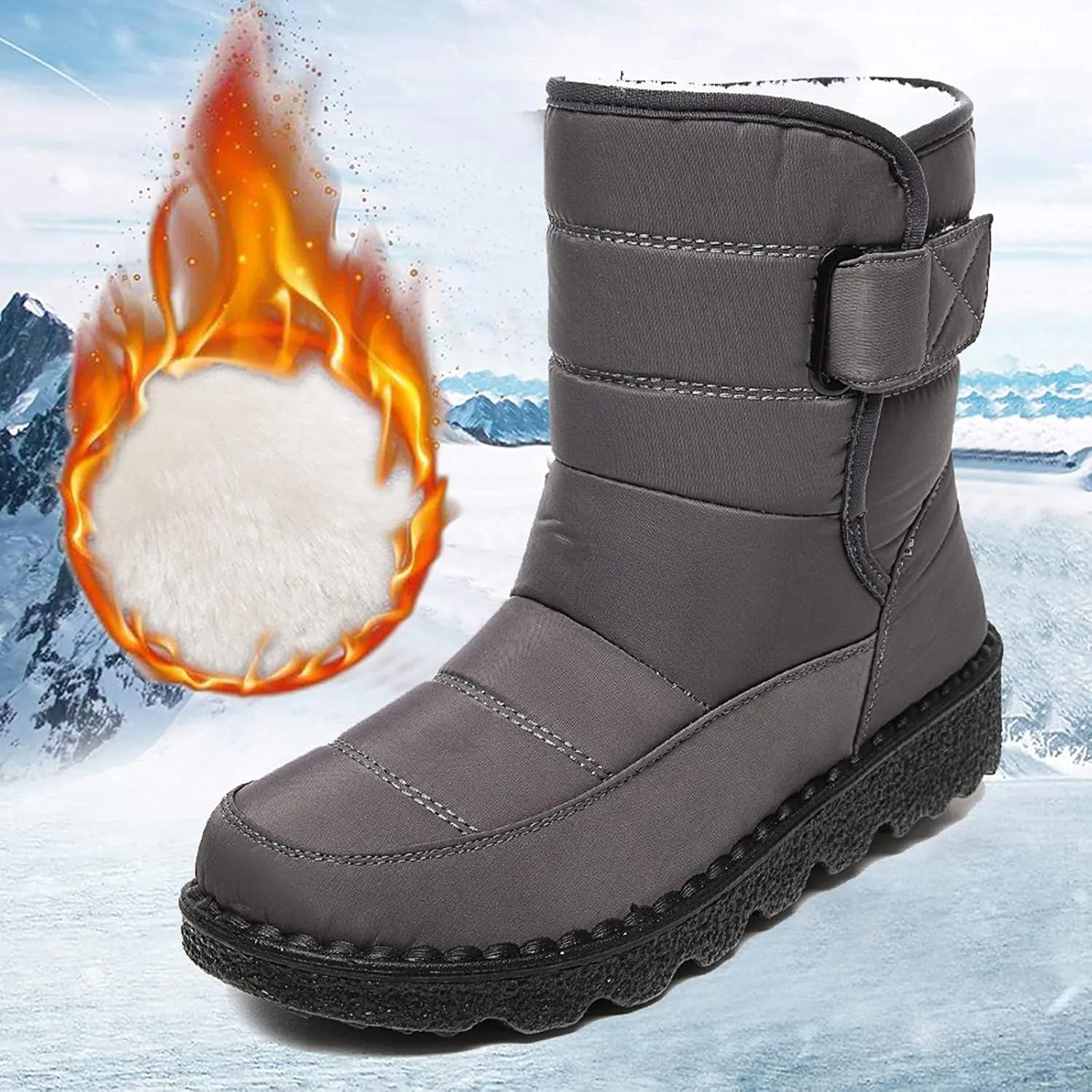 Snow Boots for Womens Winter Shoes - Womens Warm Fur Lining Mid Calf Boots Women Anti Slip Waterproof Buckle Strap Ankle Comfortable Outdoor Boot Platform Short Booties Walking Shoes