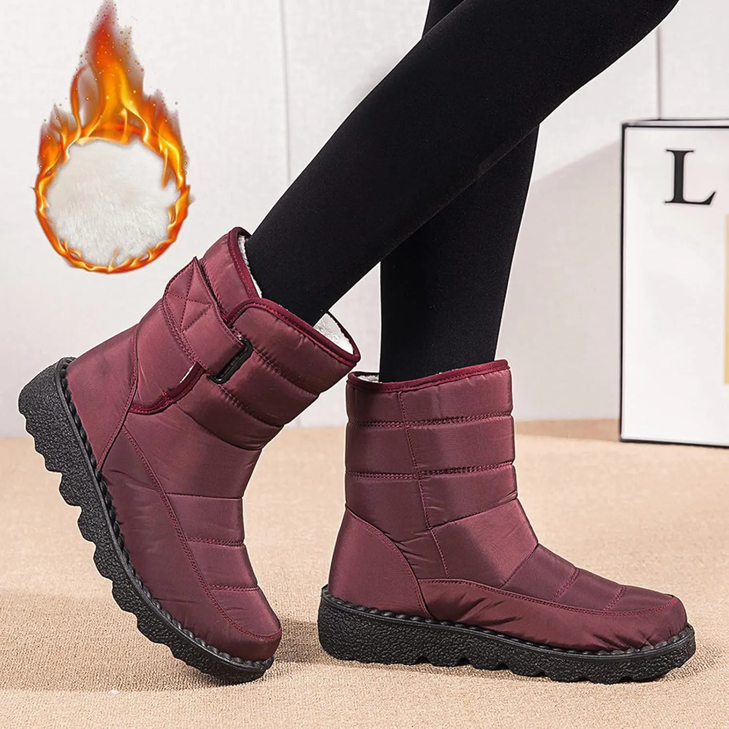 Snow Boots for Womens Winter Shoes - Womens Warm Fur Lining Mid Calf Boots Women Anti Slip Waterproof Buckle Strap Ankle Comfortable Outdoor Boot Platform Short Booties Walking Shoes