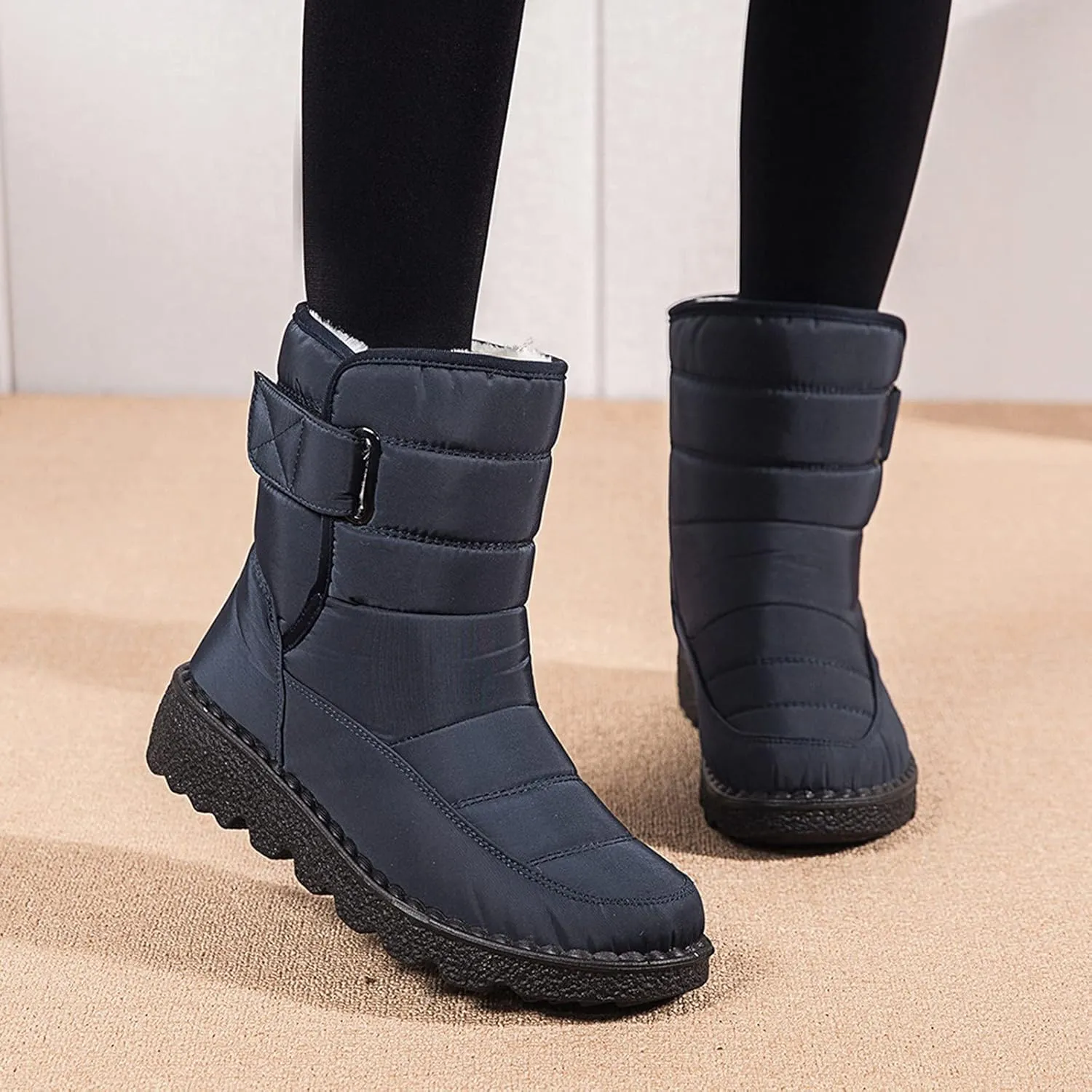 Snow Boots for Womens Winter Shoes - Womens Warm Fur Lining Mid Calf Boots Women Anti Slip Waterproof Buckle Strap Ankle Comfortable Outdoor Boot Platform Short Booties Walking Shoes