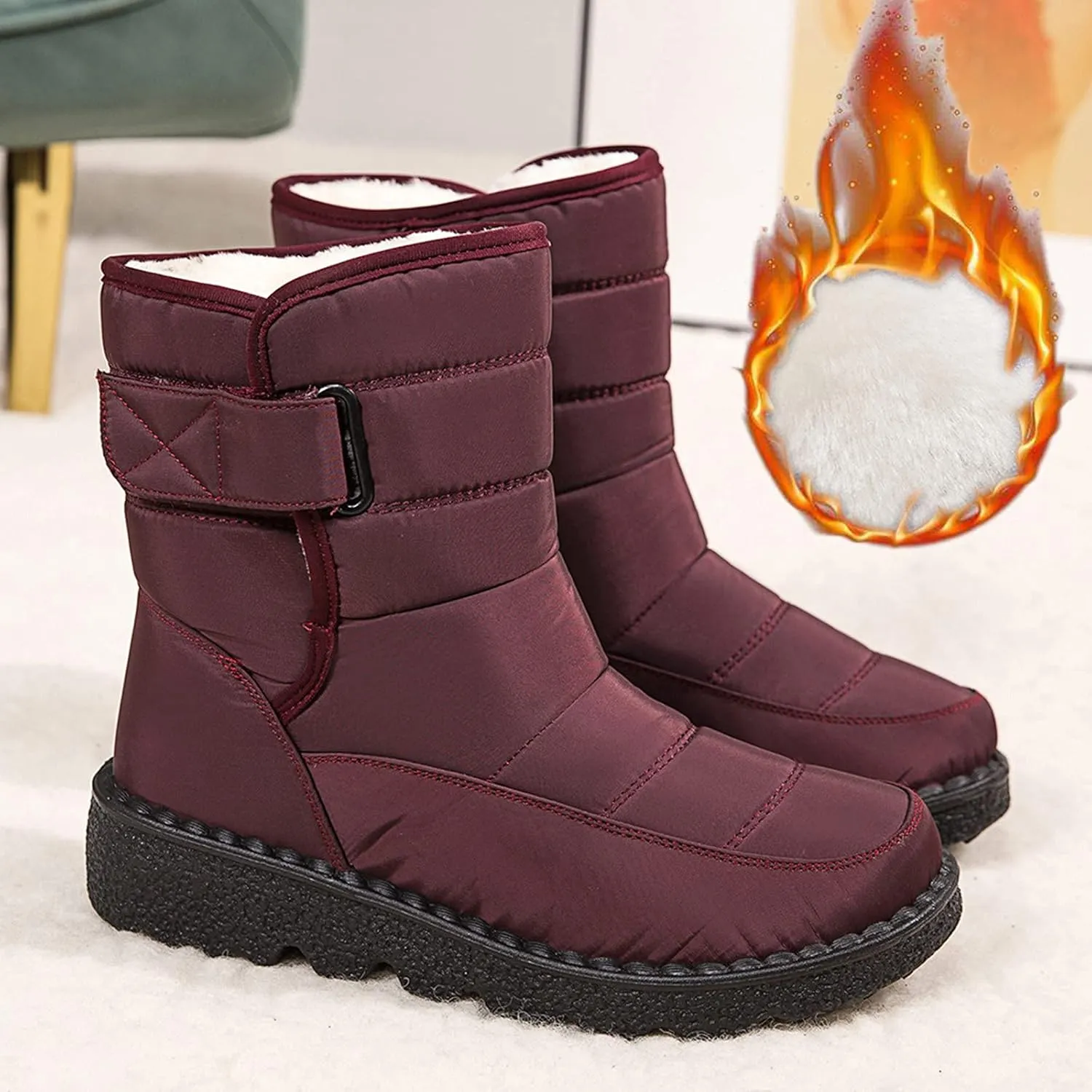 Snow Boots for Womens Winter Shoes - Womens Warm Fur Lining Mid Calf Boots Women Anti Slip Waterproof Buckle Strap Ankle Comfortable Outdoor Boot Platform Short Booties Walking Shoes