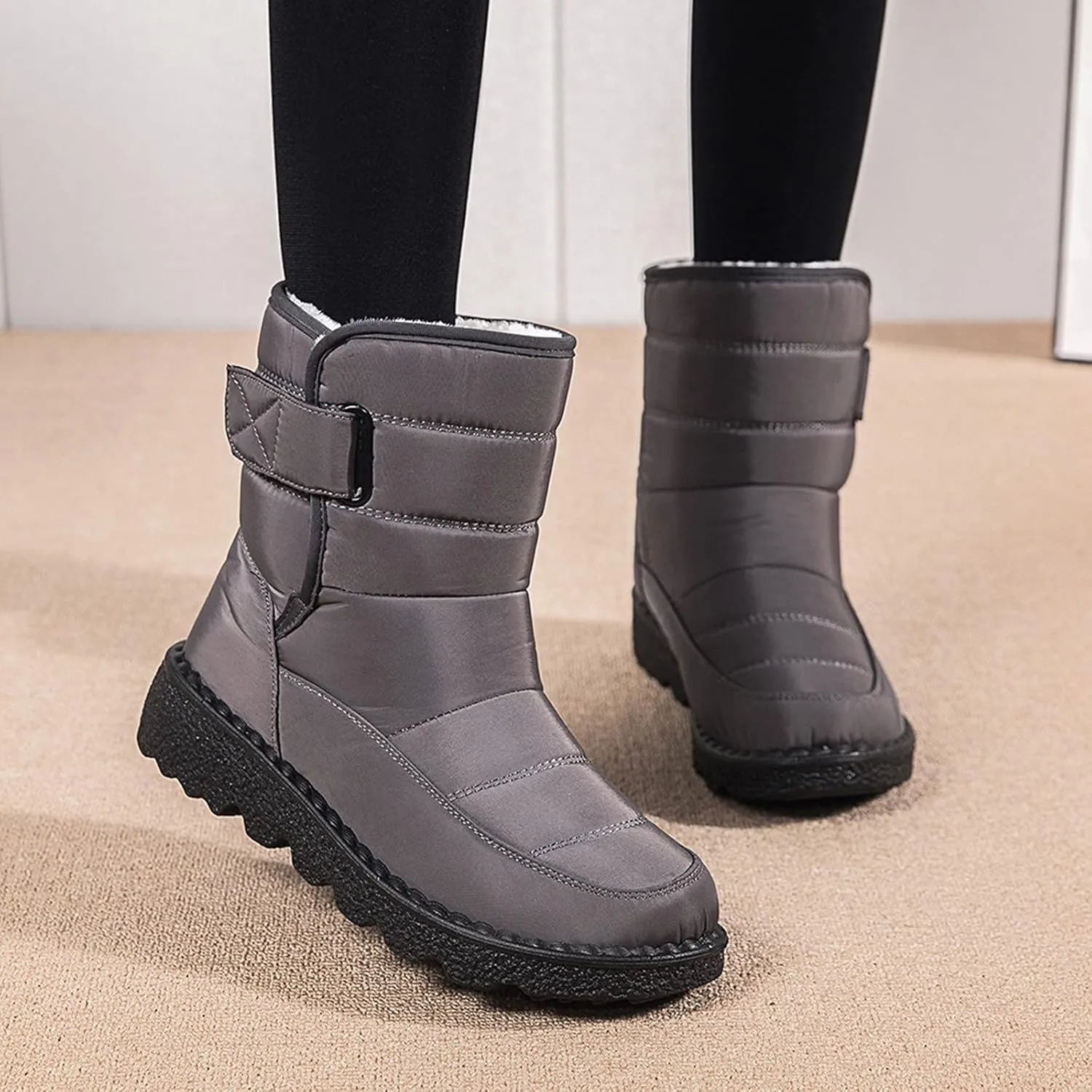 Snow Boots for Womens Winter Shoes - Womens Warm Fur Lining Mid Calf Boots Women Anti Slip Waterproof Buckle Strap Ankle Comfortable Outdoor Boot Platform Short Booties Walking Shoes