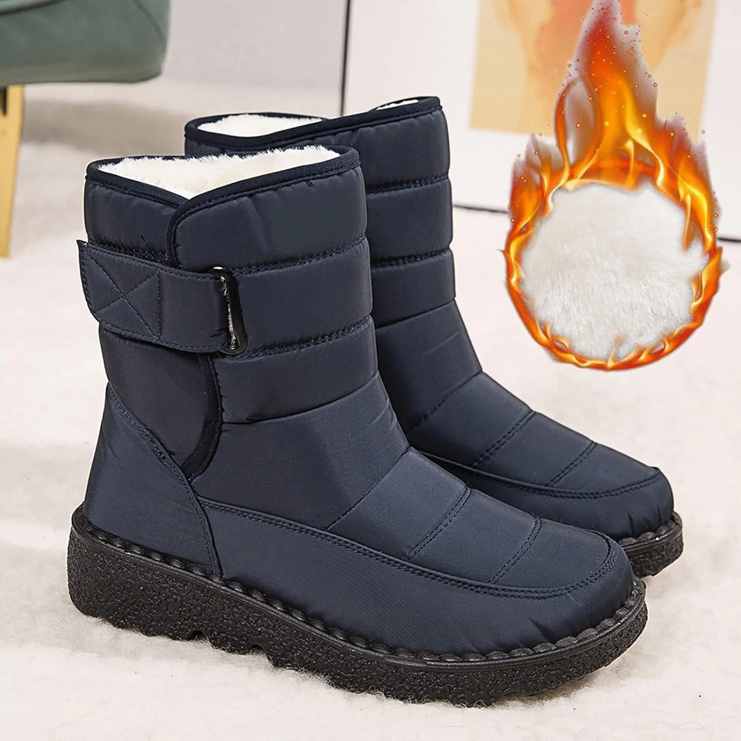 Snow Boots for Womens Winter Shoes - Womens Warm Fur Lining Mid Calf Boots Women Anti Slip Waterproof Buckle Strap Ankle Comfortable Outdoor Boot Platform Short Booties Walking Shoes