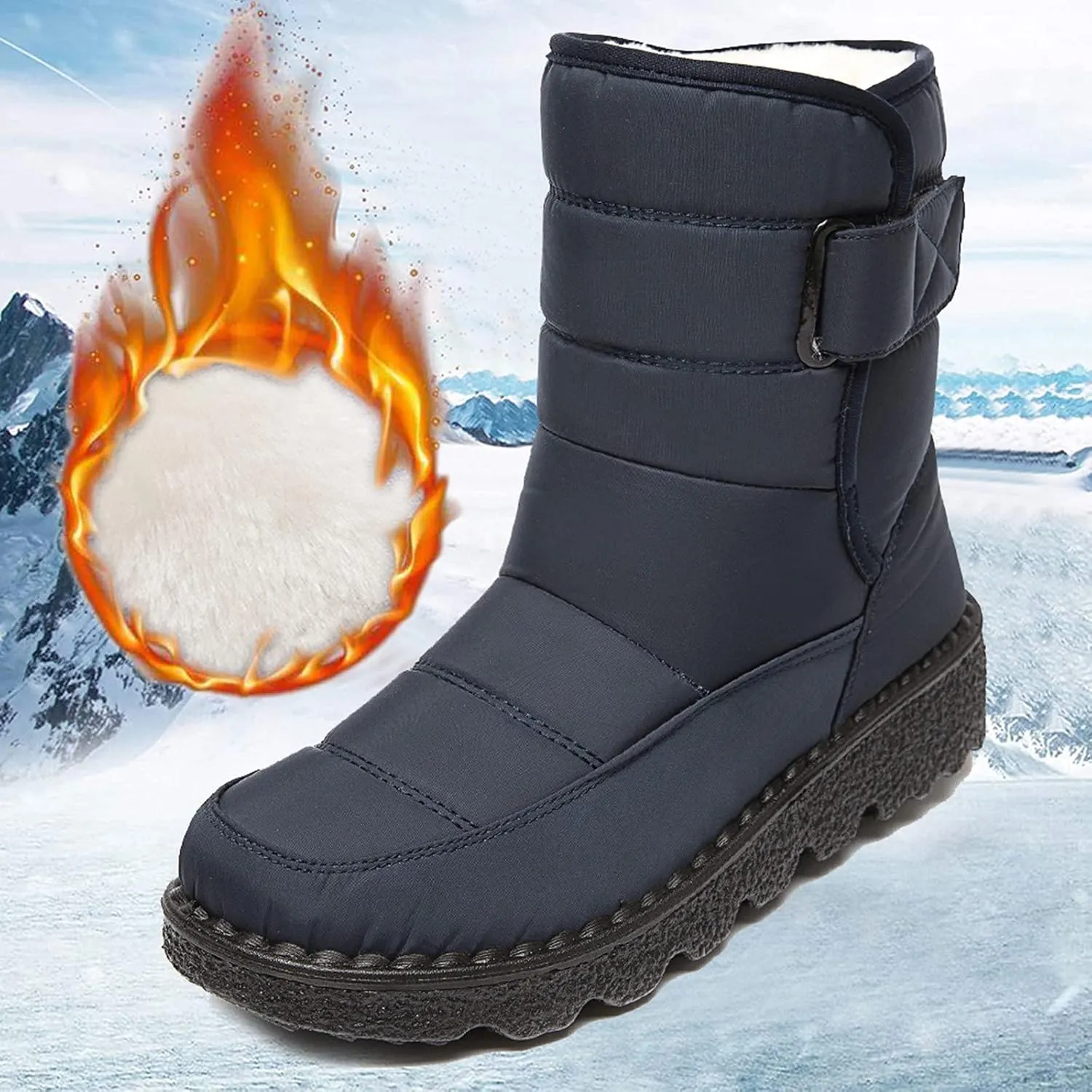 Snow Boots for Womens Winter Shoes - Womens Warm Fur Lining Mid Calf Boots Women Anti Slip Waterproof Buckle Strap Ankle Comfortable Outdoor Boot Platform Short Booties Walking Shoes