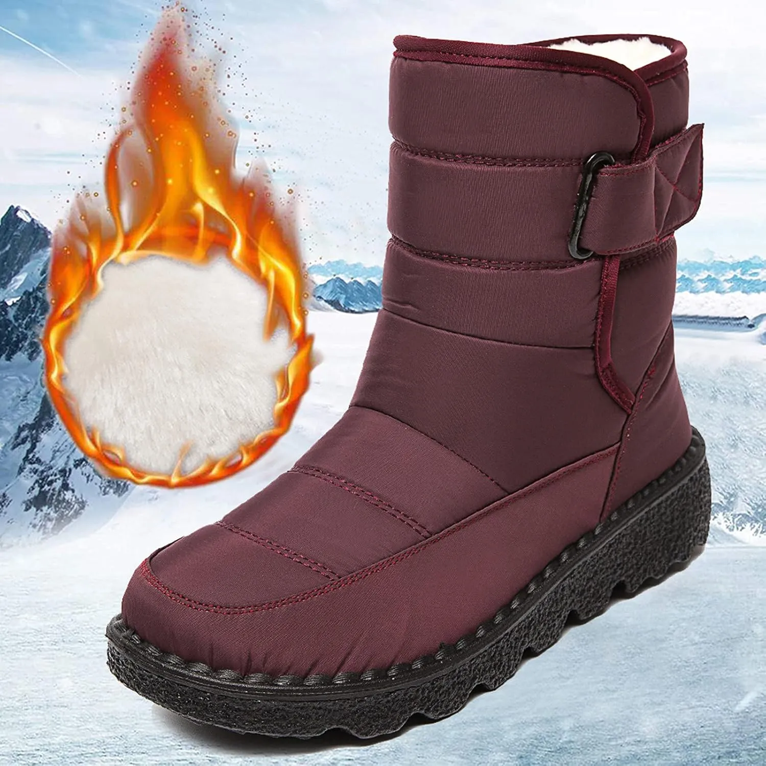 Snow Boots for Womens Winter Shoes - Womens Warm Fur Lining Mid Calf Boots Women Anti Slip Waterproof Buckle Strap Ankle Comfortable Outdoor Boot Platform Short Booties Walking Shoes