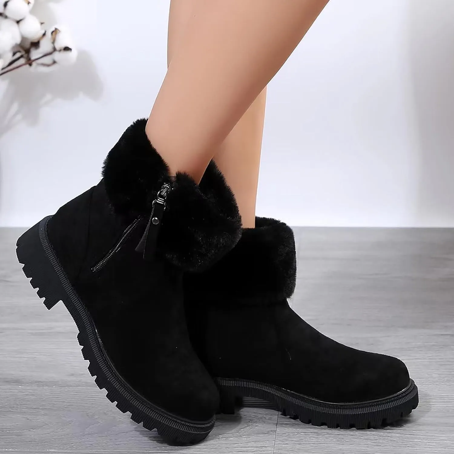 Snow Shoes For Men Hiking Boots Women aterproof Round Toe Lug Sole Non-Slip Side Zipper Ankle Booties
