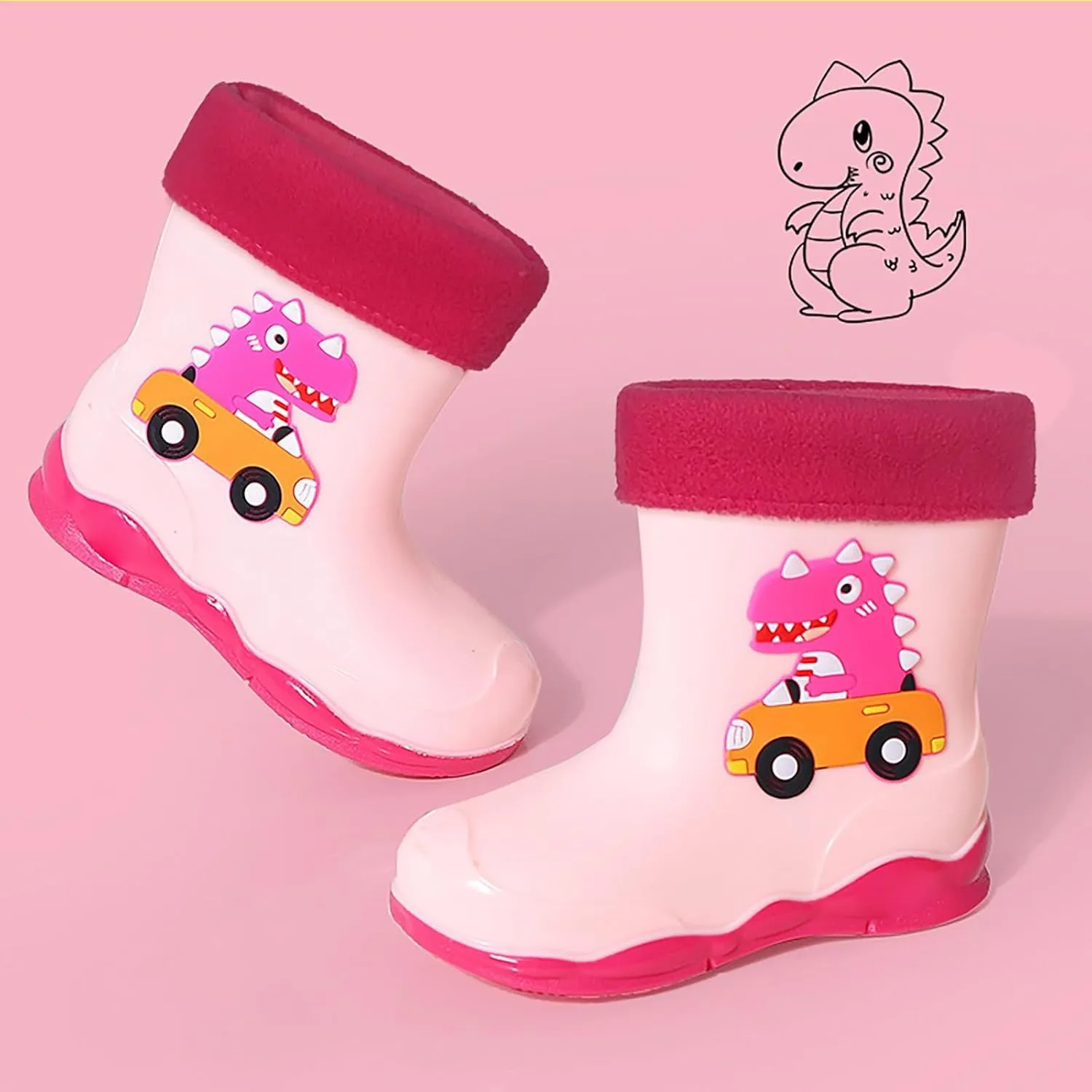 Toddler Boys Girls Dinosaur Rainboots with Fleece ??ining Kids Winter Lightweight Waterproof Rubber Fall Boots for Boys